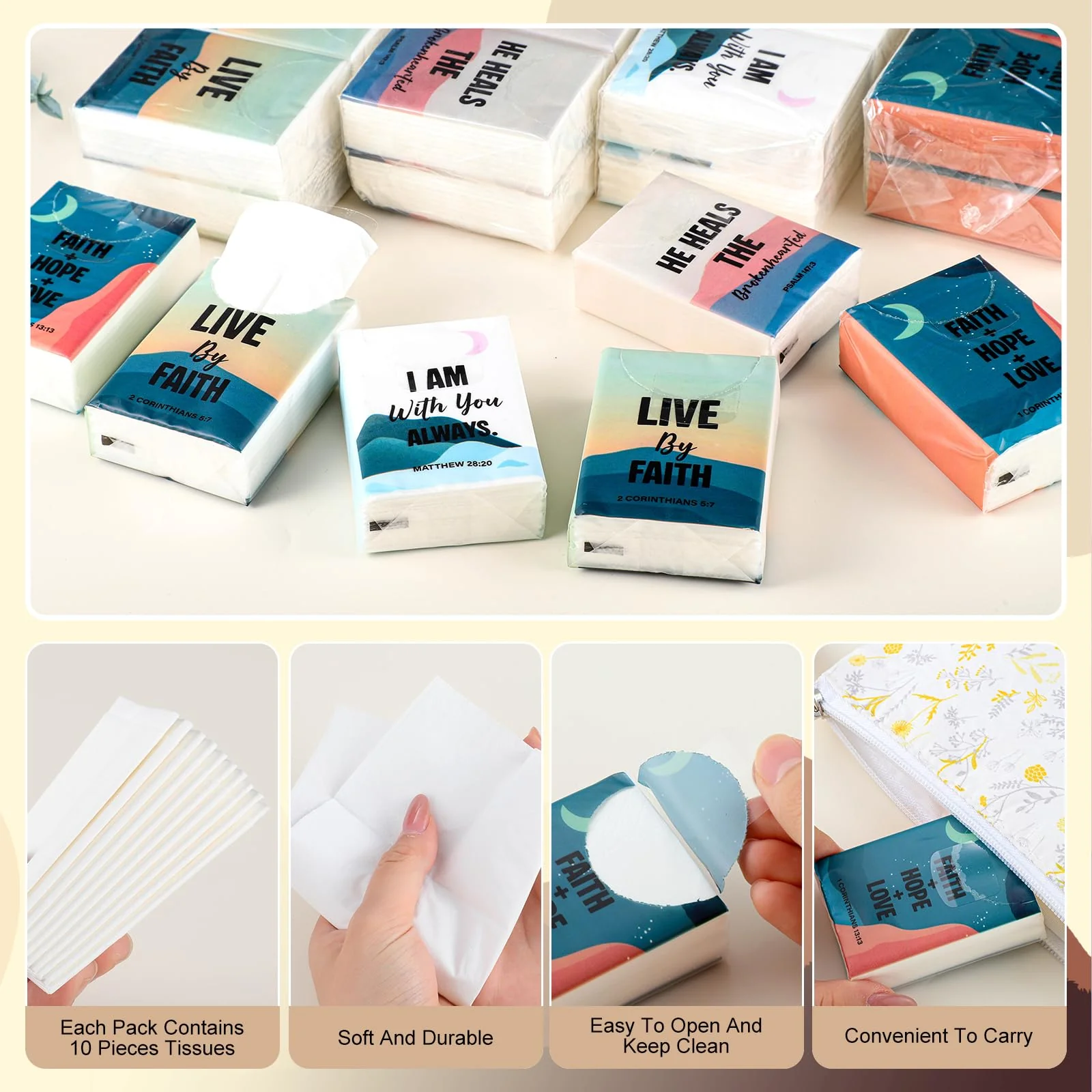 NatNarr 100 Pack Travel Tissue Pocket Tissues, Bulk 1000 Sheet Mini Tissues 3 Ply Small Travel Size Paper Individual Pocket Size for Easter Weddings Birthdays Travel Picnics（Bible） - Image 5