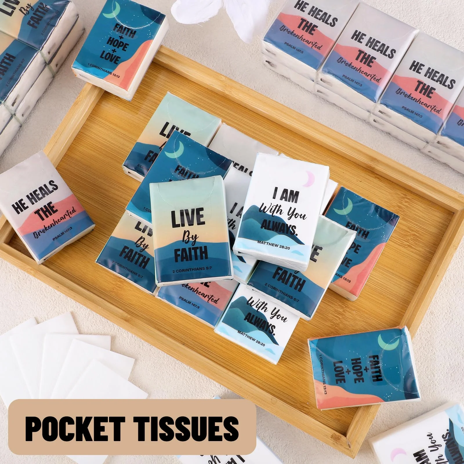 NatNarr 100 Pack Travel Tissue Pocket Tissues, Bulk 1000 Sheet Mini Tissues 3 Ply Small Travel Size Paper Individual Pocket Size for Easter Weddings Birthdays Travel Picnics（Bible） - Image 7