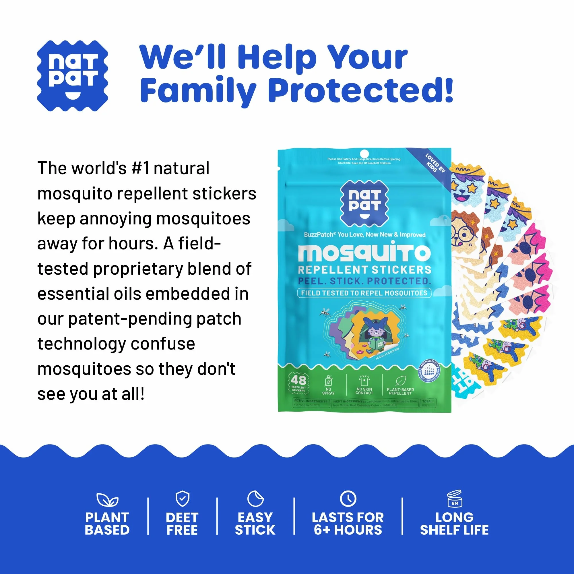 NATPAT Buzz Patch Mosquito Patch Stickers for Kids - Plant Based Ingredients, Non-Toxic - The Original All Natural Citronella Essential Oil Insect Patch, DEET Free, for Toddlers, Kids (48 Pack) - Image 5