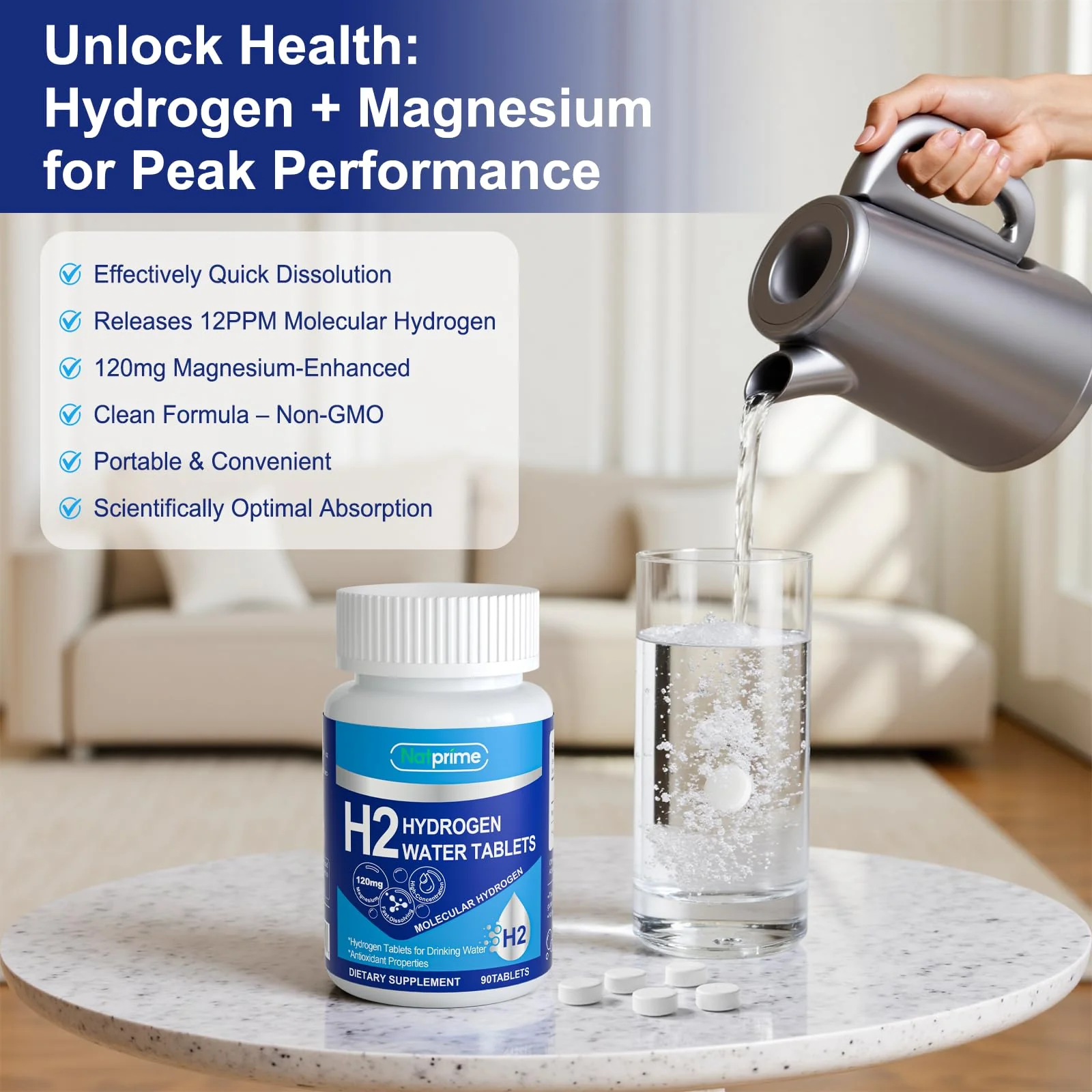 Natprime Hydrogen Water Tablets - H2 Molecular Hydrogen Tablets for Drinking Water with Magnesium, 12 PPM Mineral Supplements for Antioxidant, Mental Clarity, Cognitive, Recovery & Energy - 90 Counts - Image 4