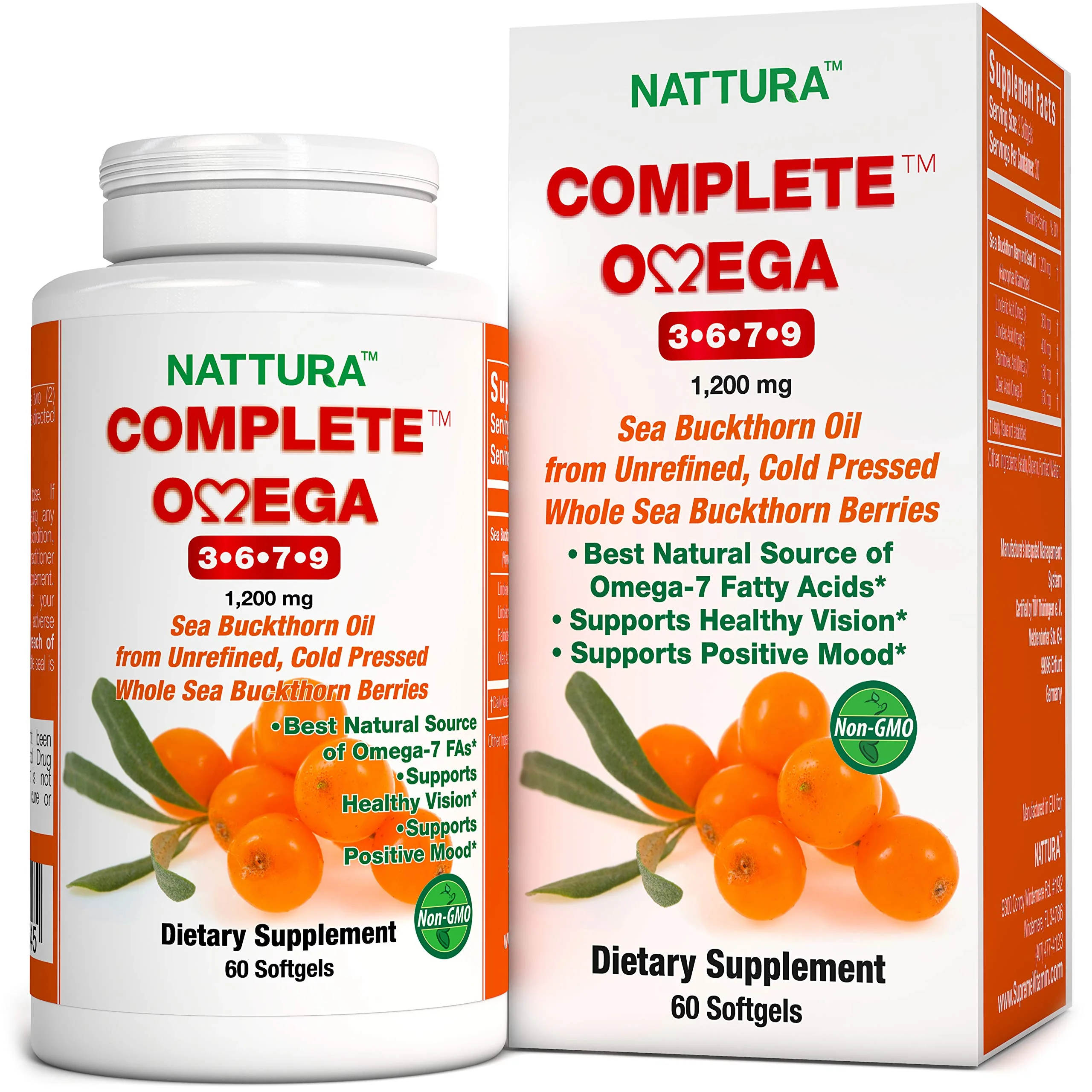 Nattura Complete Omega 3-6-7-9, Pure Sea Buckthorn Oil, European Quality, from Unrefined, Cold Pressed Whole Sea Buckthorn Wild Berries - 1,200mg - 2 Bottles - Image 2