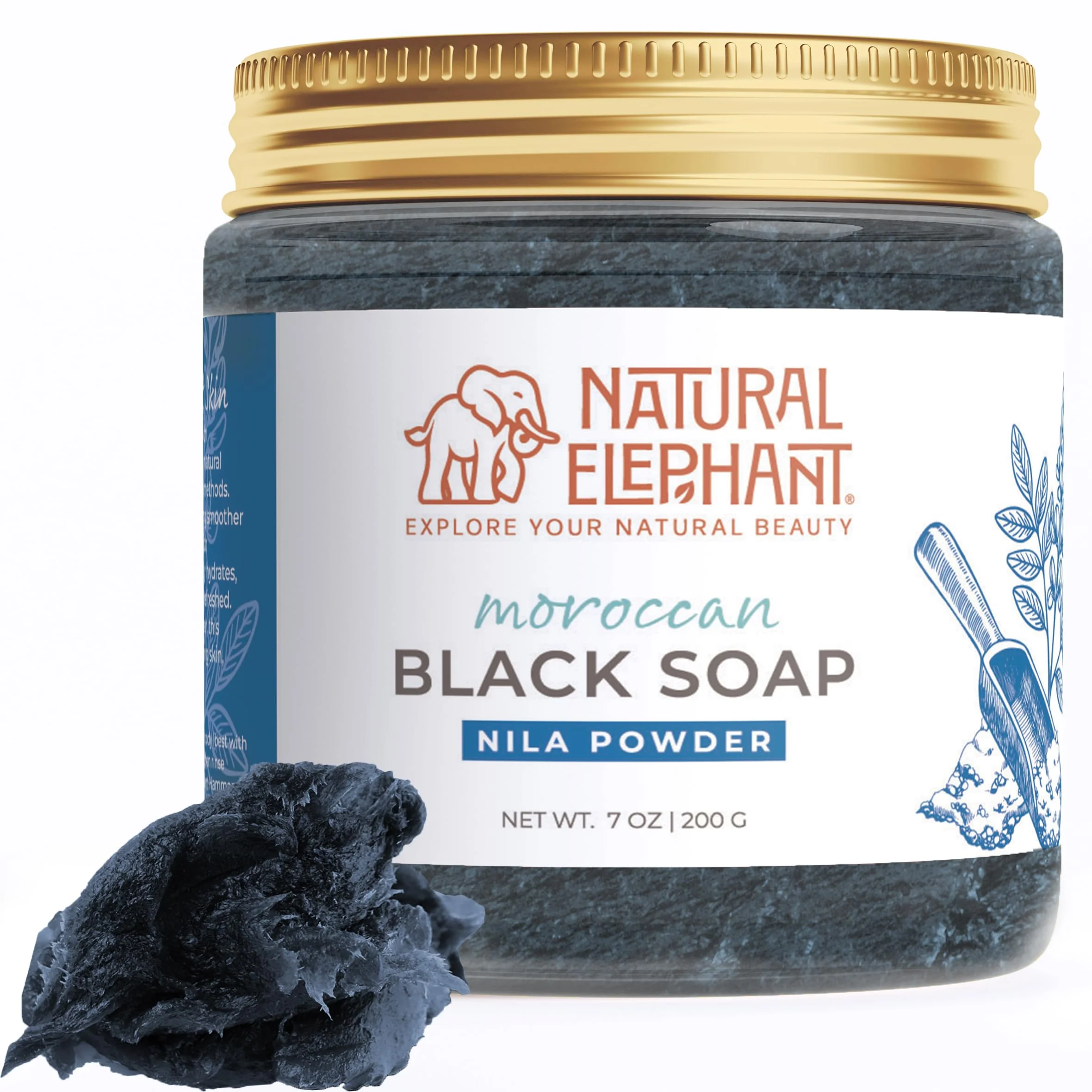 Natural Elephant Moroccan Black Soap | 7oz | Nila Indigo | Traditional Hammam Beldi Soap, 100% Natural Ingredients, Ideal for Exfoliating and Even Skin Appearance