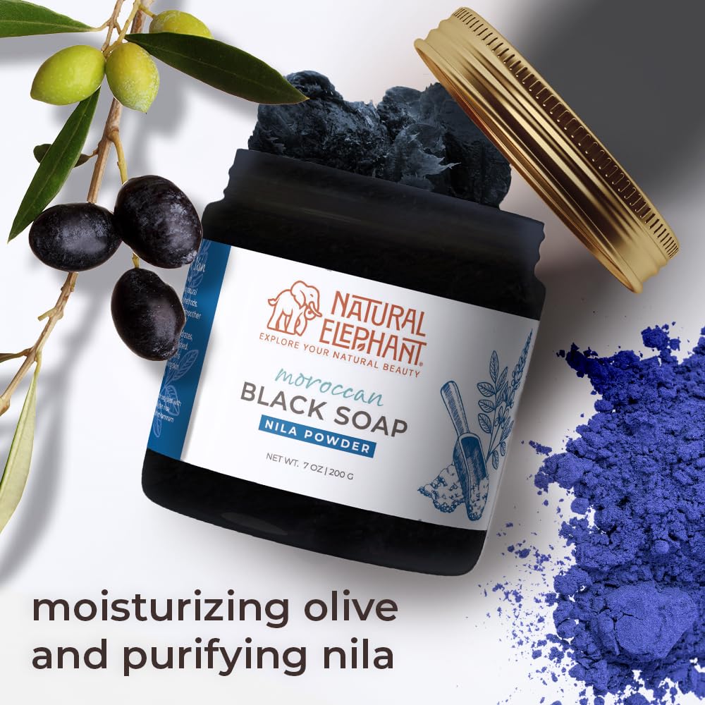 Natural Elephant Moroccan Black Soap | 7oz | Nila Indigo | Traditional Hammam Beldi Soap, 100% Natural Ingredients, Ideal for Exfoliating and Even Skin Appearance - Image 2