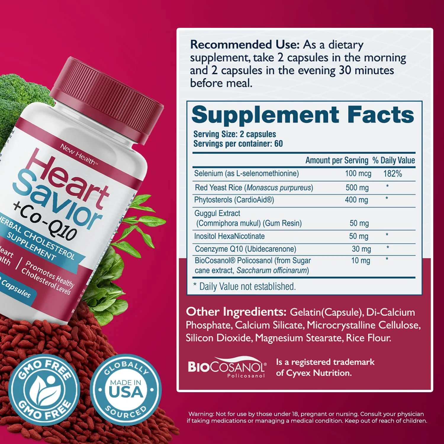 Natural Supplement with CoQ10, Red Yeast Rice, Niacin, Policosanol and Guggul. The Natural Way. by New Health Plus 60 MG Co-Q10 (120 caps) - Image 8