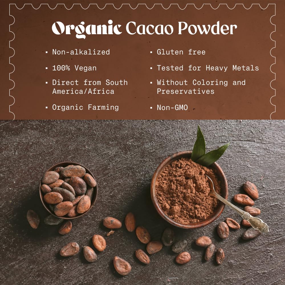 NaturaleBio Cacao Powder Organic 35oz. Unsweetened, Non-Alkalized and Pure. Cocoa Powder Substitute with Rich Dark Chocolate Flavor. Non-GMO, Gluten Free, Tested for Heavy Metals. From Raw Cacao Beans - Image 3