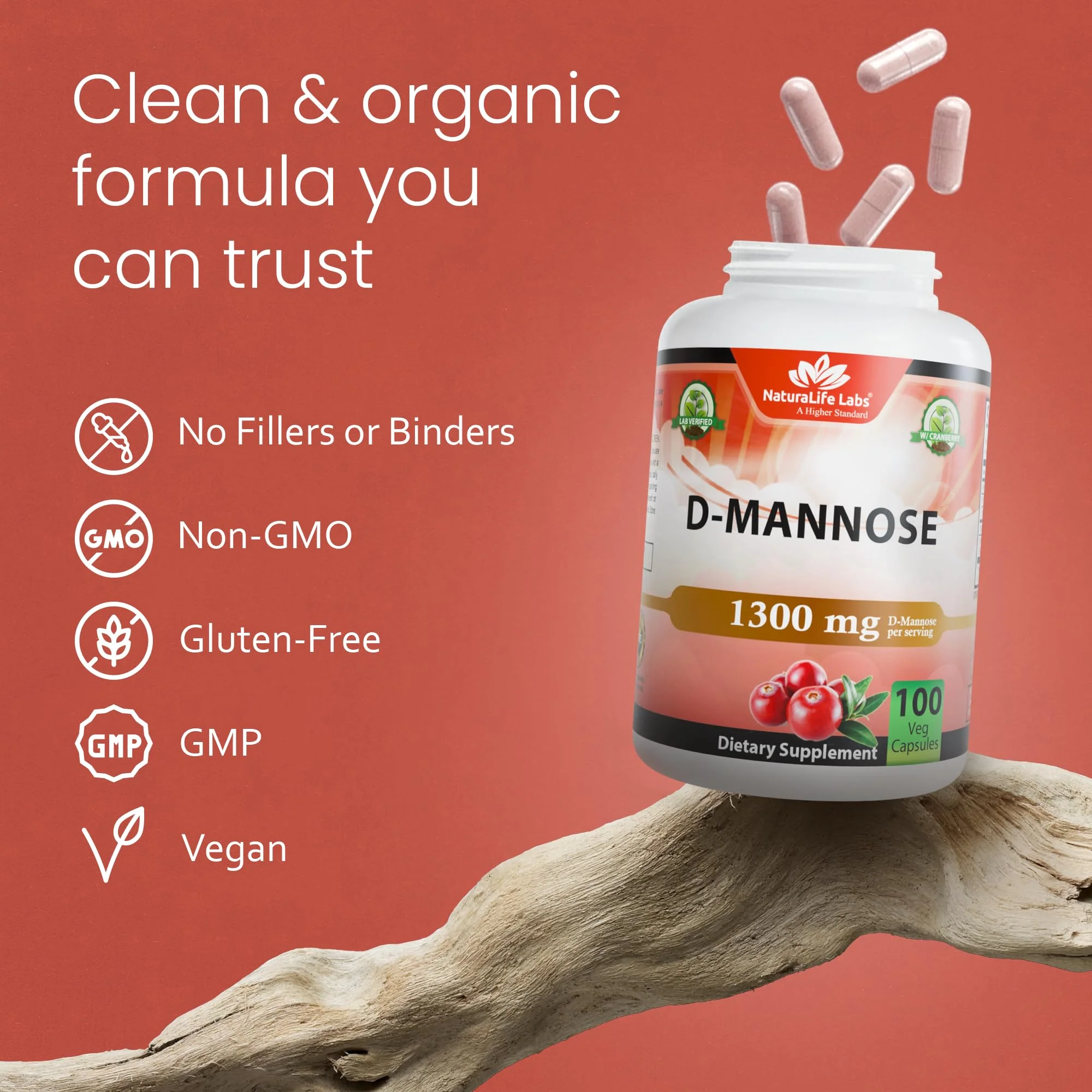 NaturaLife Labs Organic D-Mannose 1300 mg with Organic Cranberry Extract 100 mg per Serving – 100 Capsules – Non-GMO, Gluten-Free, Vegan - Image 6