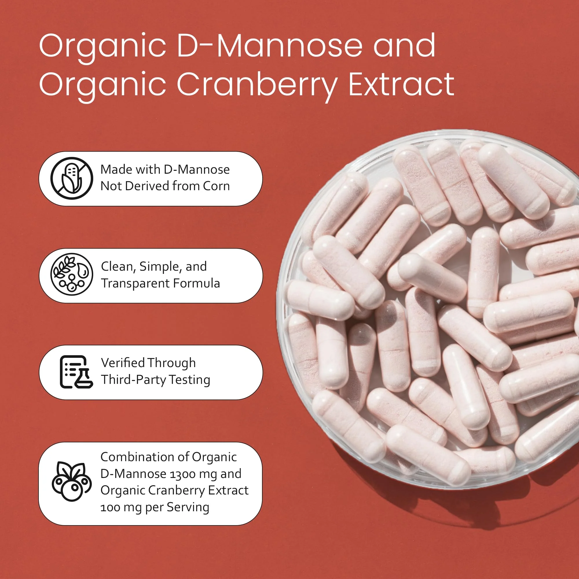 NaturaLife Labs Organic D-Mannose 1300 mg with Organic Cranberry Extract 100 mg per Serving – 100 Capsules – Non-GMO, Gluten-Free, Vegan - Image 4