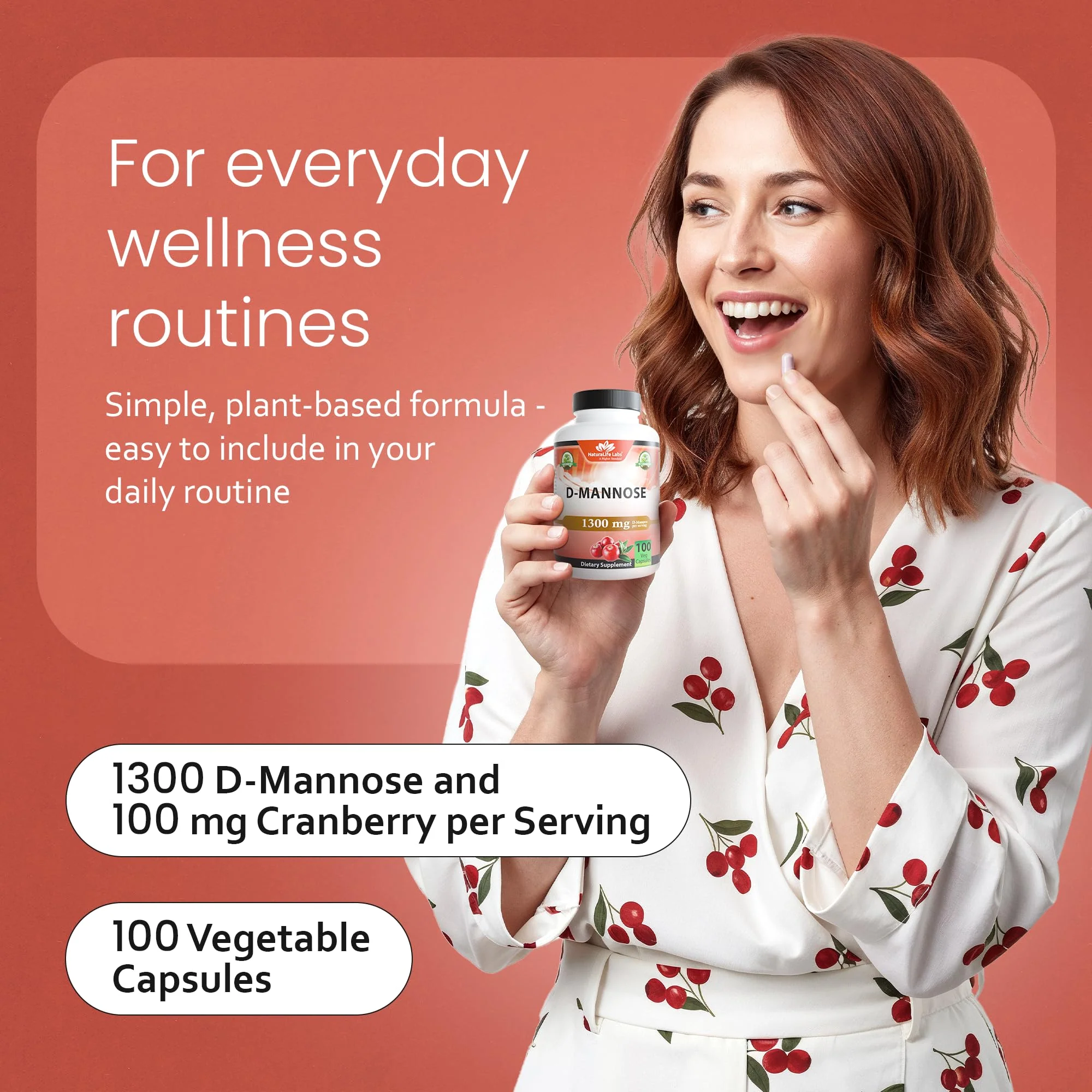 NaturaLife Labs Organic D-Mannose 1300 mg with Organic Cranberry Extract 100 mg per Serving – 100 Capsules – Non-GMO, Gluten-Free, Vegan - Image 5