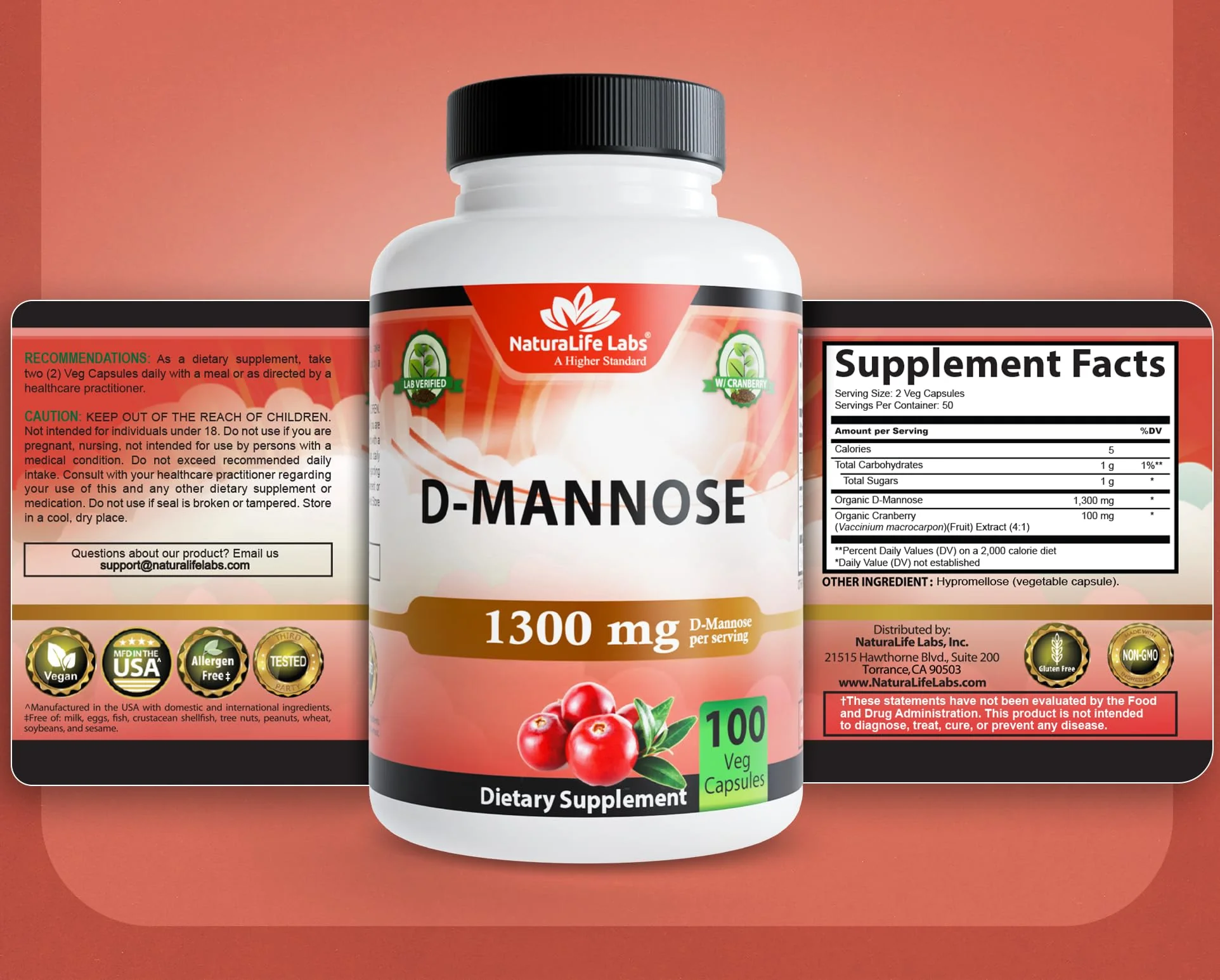 NaturaLife Labs Organic D-Mannose 1300 mg with Organic Cranberry Extract 100 mg per Serving – 100 Capsules – Non-GMO, Gluten-Free, Vegan - Image 8