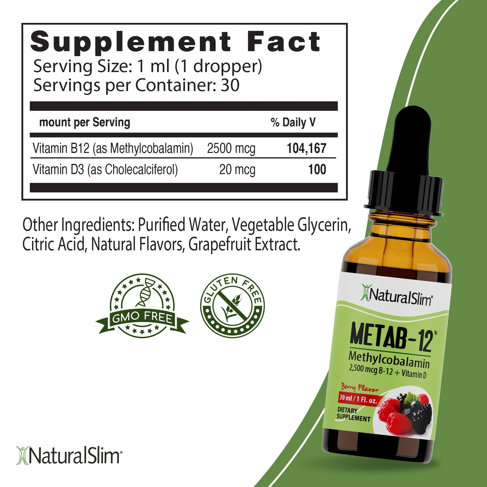 NaturalSlim Liquid B12 Vitamins with Vitamin D - Metab-12 Methylcobalamin 2500 mcg B12 Sublingual Drops for Metabolism, Energy, & Immune Support - Berry Flavor 1 fl oz - Image 3