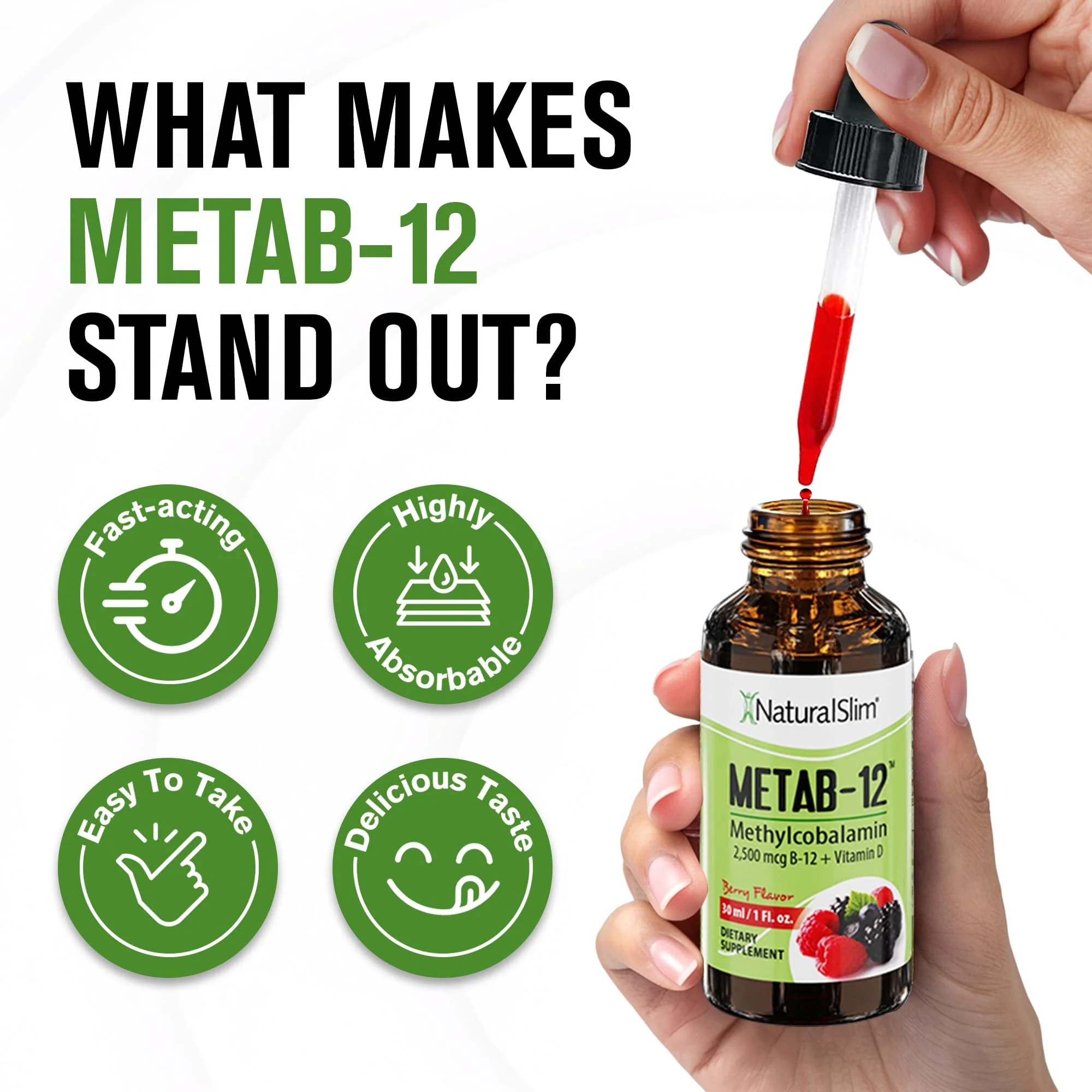NaturalSlim Liquid B12 Vitamins with Vitamin D - Metab-12 Methylcobalamin 2500 mcg B12 Sublingual Drops for Metabolism, Energy, & Immune Support - Berry Flavor 1 fl oz - Image 4