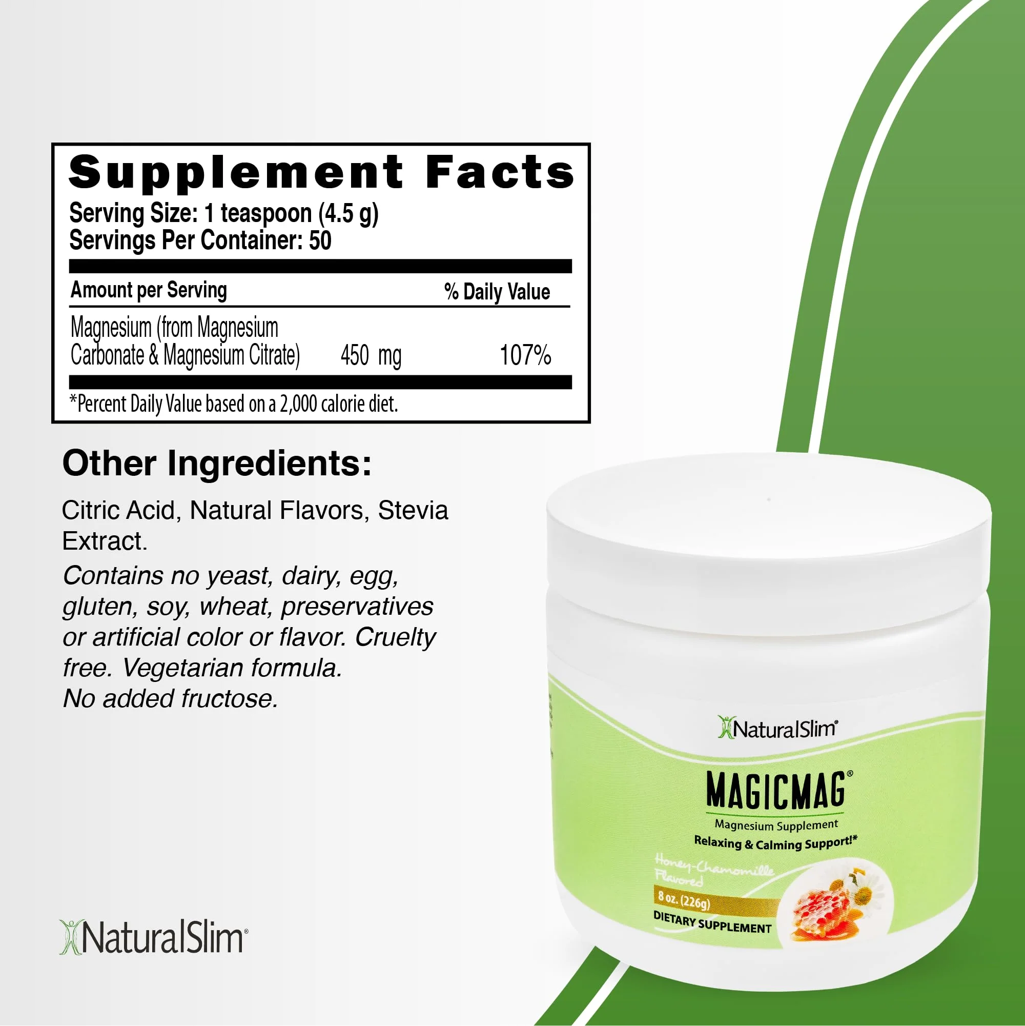 NaturalSlim Magicmag Pure Magnesium Citrate Powder Stress, Constipation, Muscle, Heart Health, and Sleep Support | Honey Chamomile Flavored Magnesium Supplement - 8oz Drink Mix (3 Pack) - Image 2