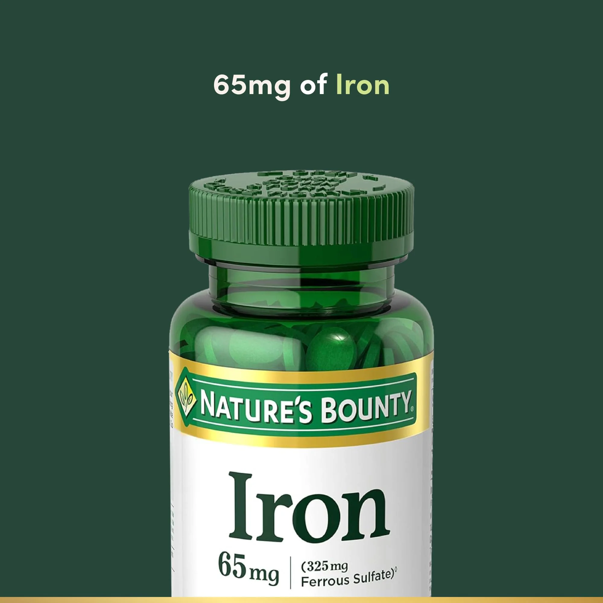 Nature’s Bounty Iron 65mg, 325 mg Ferrous Sulfate, Cellular Energy Support, Promotes Normal Red Blood Cell Production, 1 Serving Per Day, Gluten Free, 100 Vegetarian Tablets - Image 3