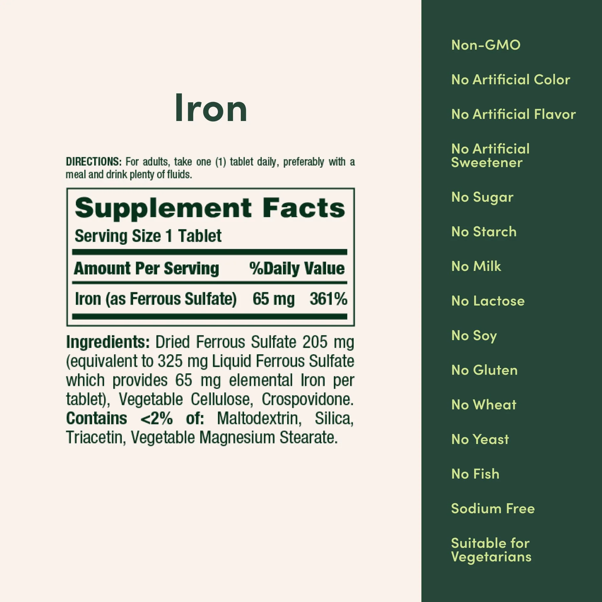 Nature’s Bounty Iron 65mg, 325 mg Ferrous Sulfate, Cellular Energy Support, Promotes Normal Red Blood Cell Production, 1 Serving Per Day, Gluten Free, 100 Vegetarian Tablets - Image 5