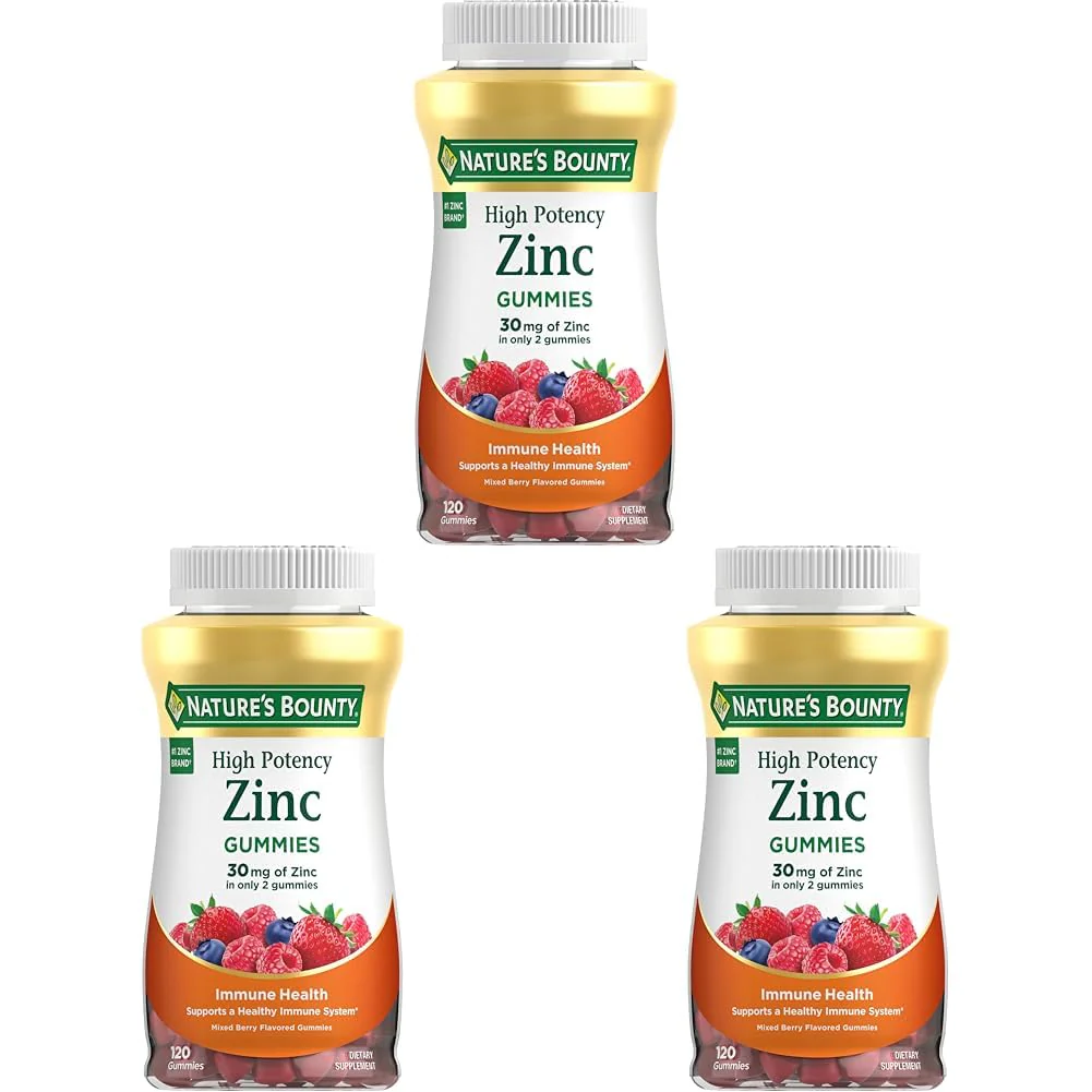 Nature’s Bounty Zinc Gummies, Immune Support Gummies, Supports Skin & Antioxidant Health, Mixed Berry, 30mg, 120 Count (Pack of 3)