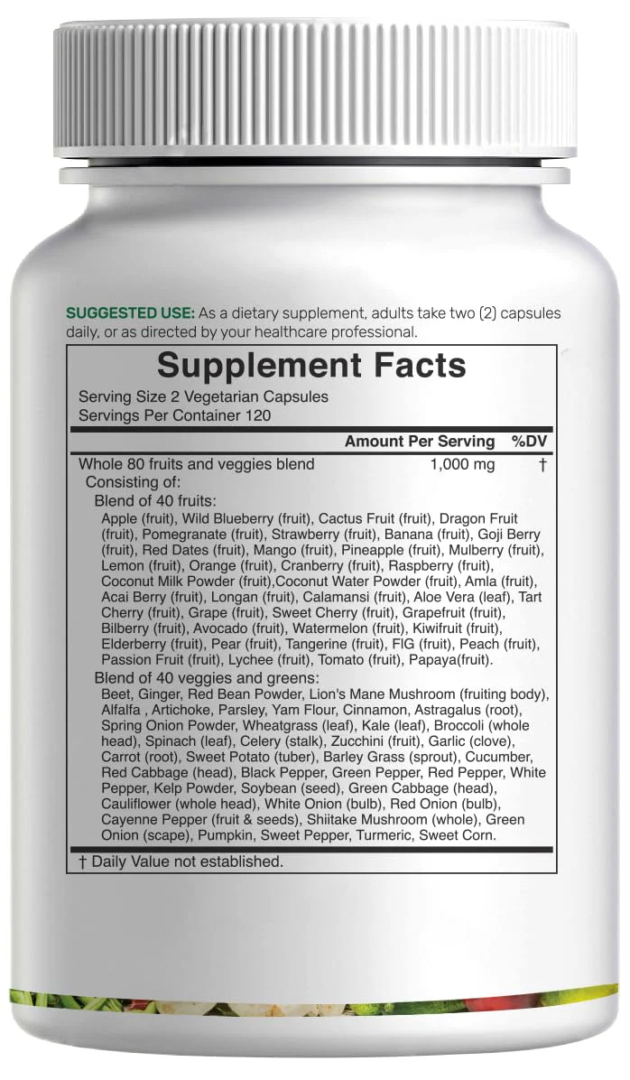 Nature’s Fruits & Veggies Supplement, 240 Veggie Capsules – 80 Whole Food Superfoods for Daily Balance – 40 Fruits with 40 Vegetables and Greens – Non-GMO, Gluten Free - Image 2