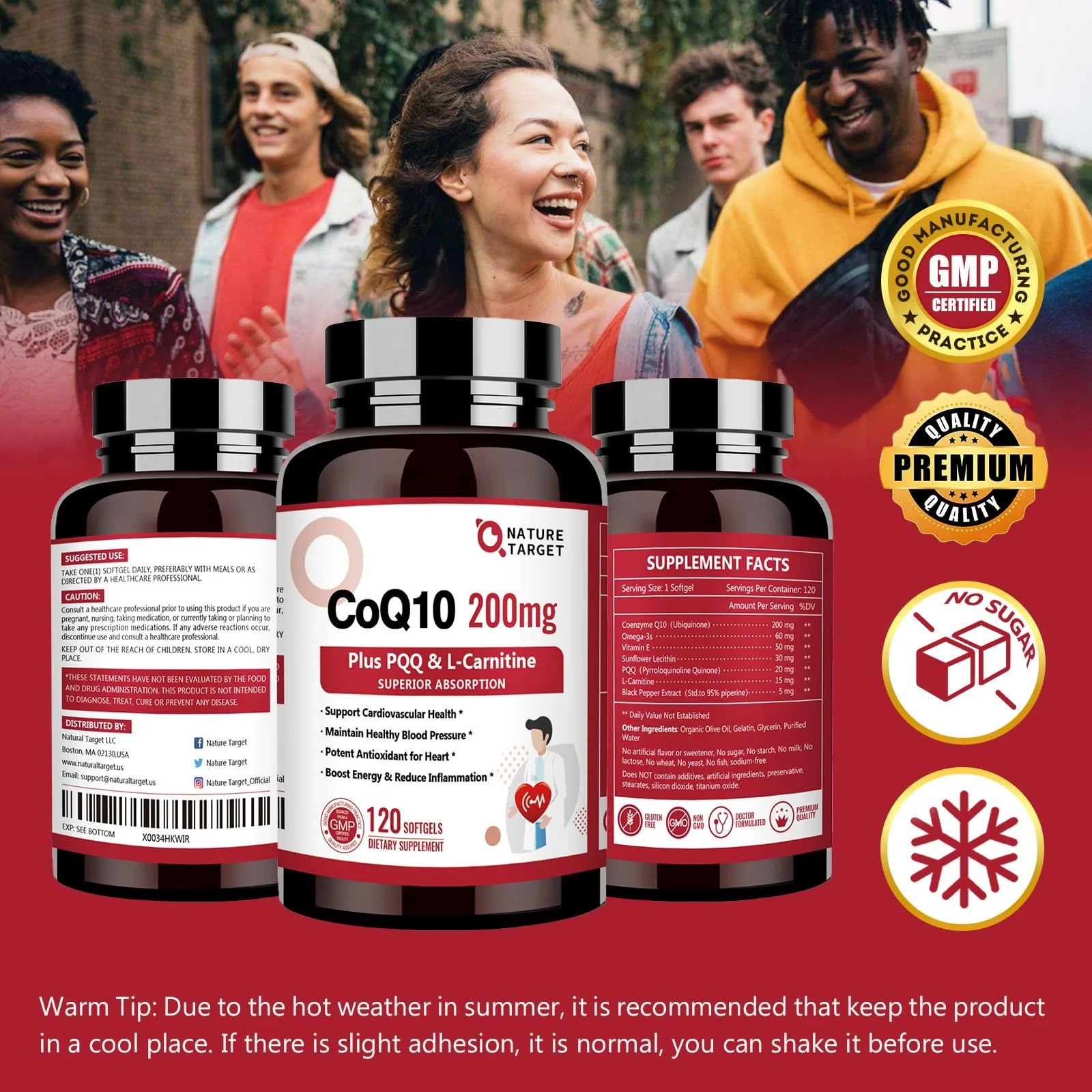 NATURE TARGET CoQ10-200mg with PQQ L-Carnitine & Omega-3s, High Absorption Coenzyme-Q10 with BioPerine, Supports Heart and Immune System, Cellular-Energy-Production, 120 Servings - Image 2