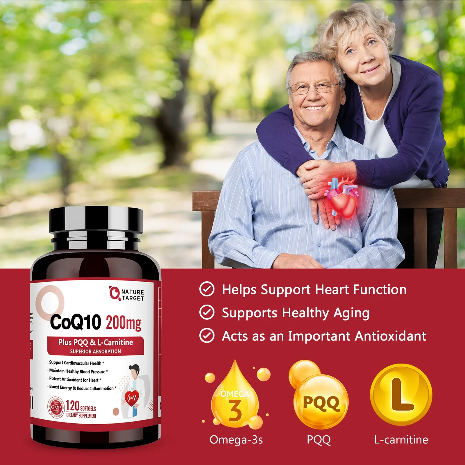NATURE TARGET CoQ10-200mg with PQQ L-Carnitine & Omega-3s, High Absorption Coenzyme-Q10 with BioPerine, Supports Heart and Immune System, Cellular-Energy-Production, 120 Servings - Image 6