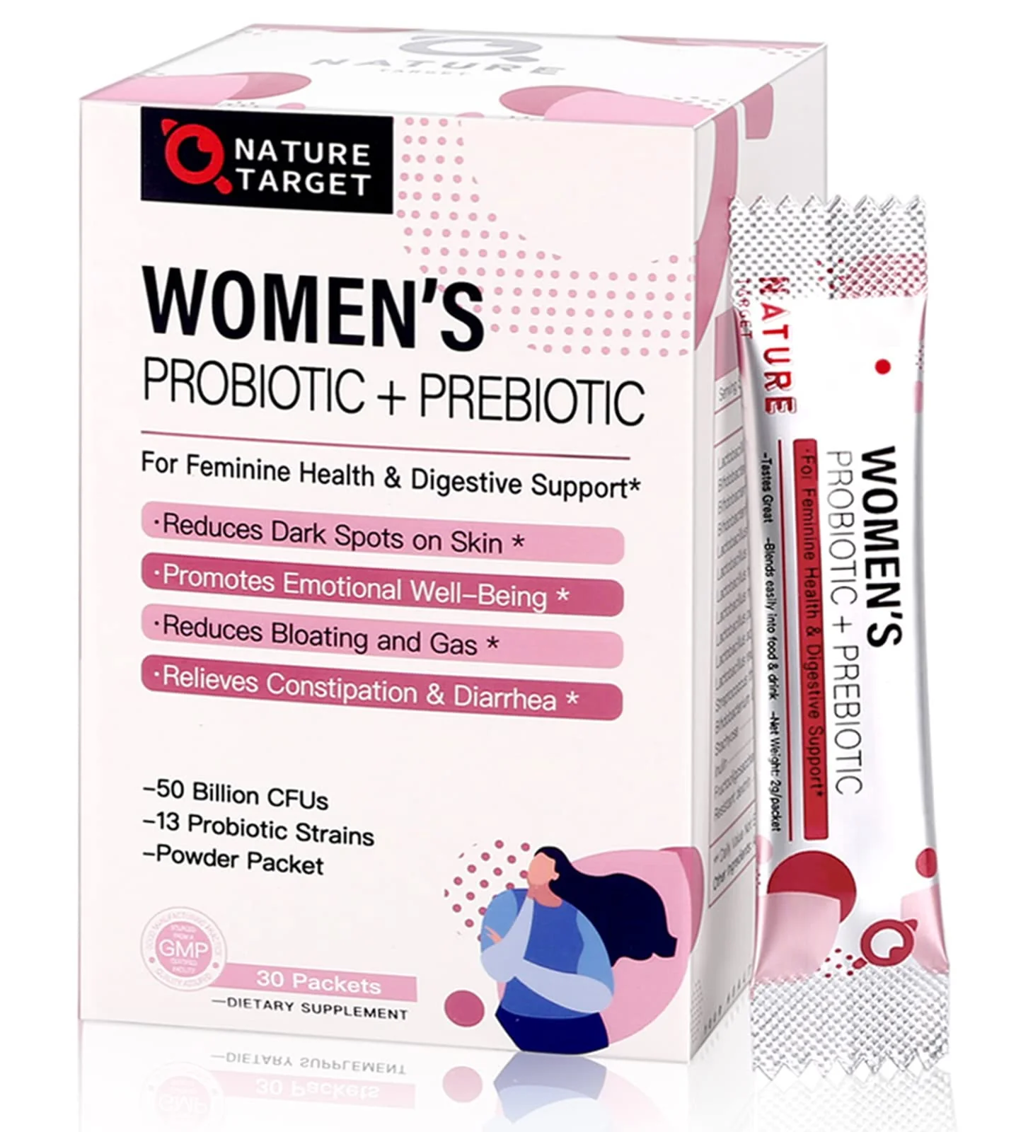NATURE TARGET Probiotics for Women Probiotic Powder - 50 Billion CFUs, 13 Strains Supports for Digestive Vaginal Health, Bloating Relief, 30 Stick Packs