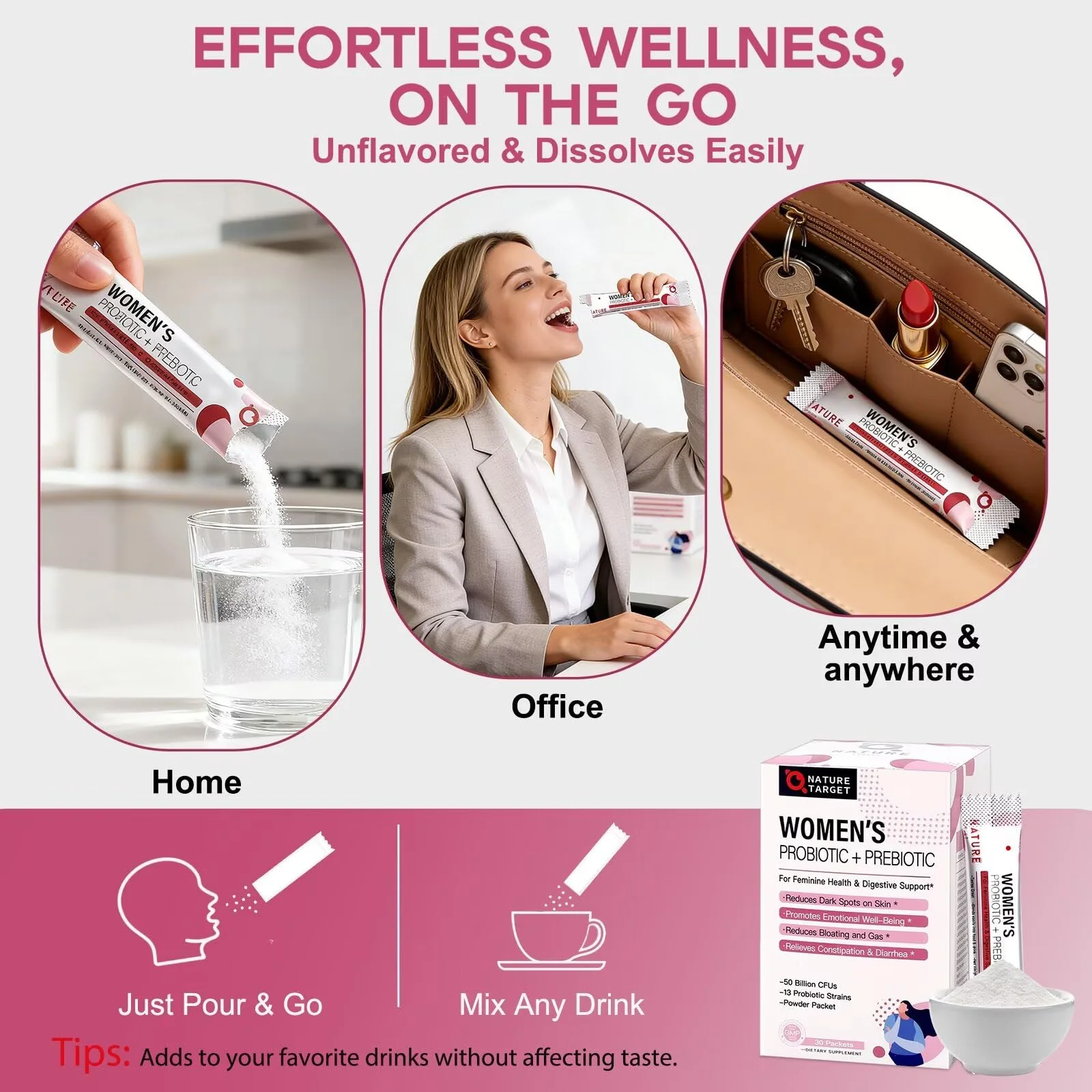 NATURE TARGET Probiotics for Women Probiotic Powder - 50 Billion CFUs, 13 Strains Supports for Digestive Vaginal Health, Bloating Relief, 30 Stick Packs - Image 6