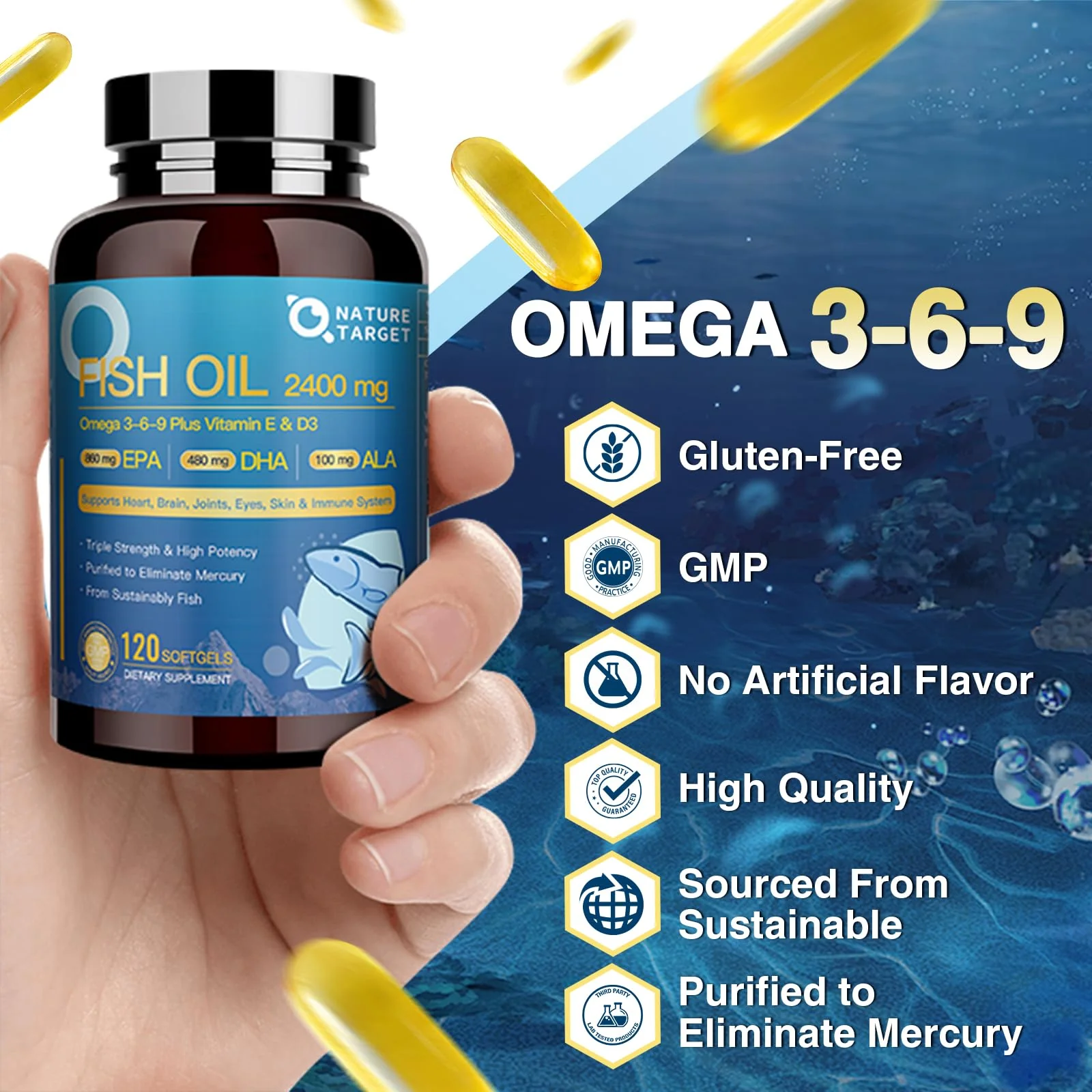 NATURE TARGET Triple Omega 3 6 9, Fish Oil 2400mg Softgels with Vitamin D3 & E - EPA & DHA & ALA - Supports Heart, Brain, Joint & Immune Health, Sustainably Sourced, Non-GMO - Image 2