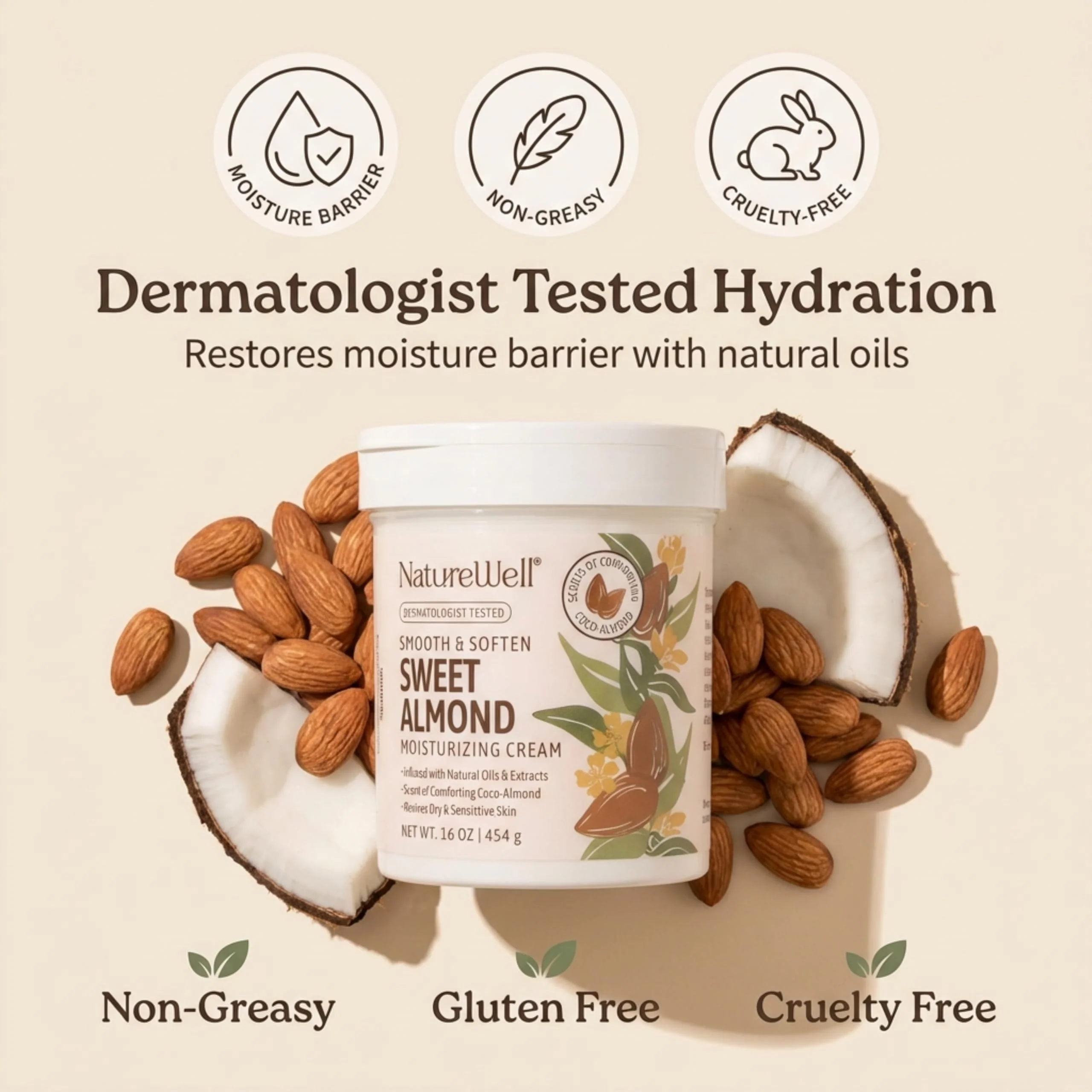 NATURE WELL Sweet Almond Smooth & Soften Gentle Moisturizing Cream For Face, Body, & Hands, Infused With Natural Oils & Extracts, Restores Skin Moisture Barrier, 16 Oz - Image 9