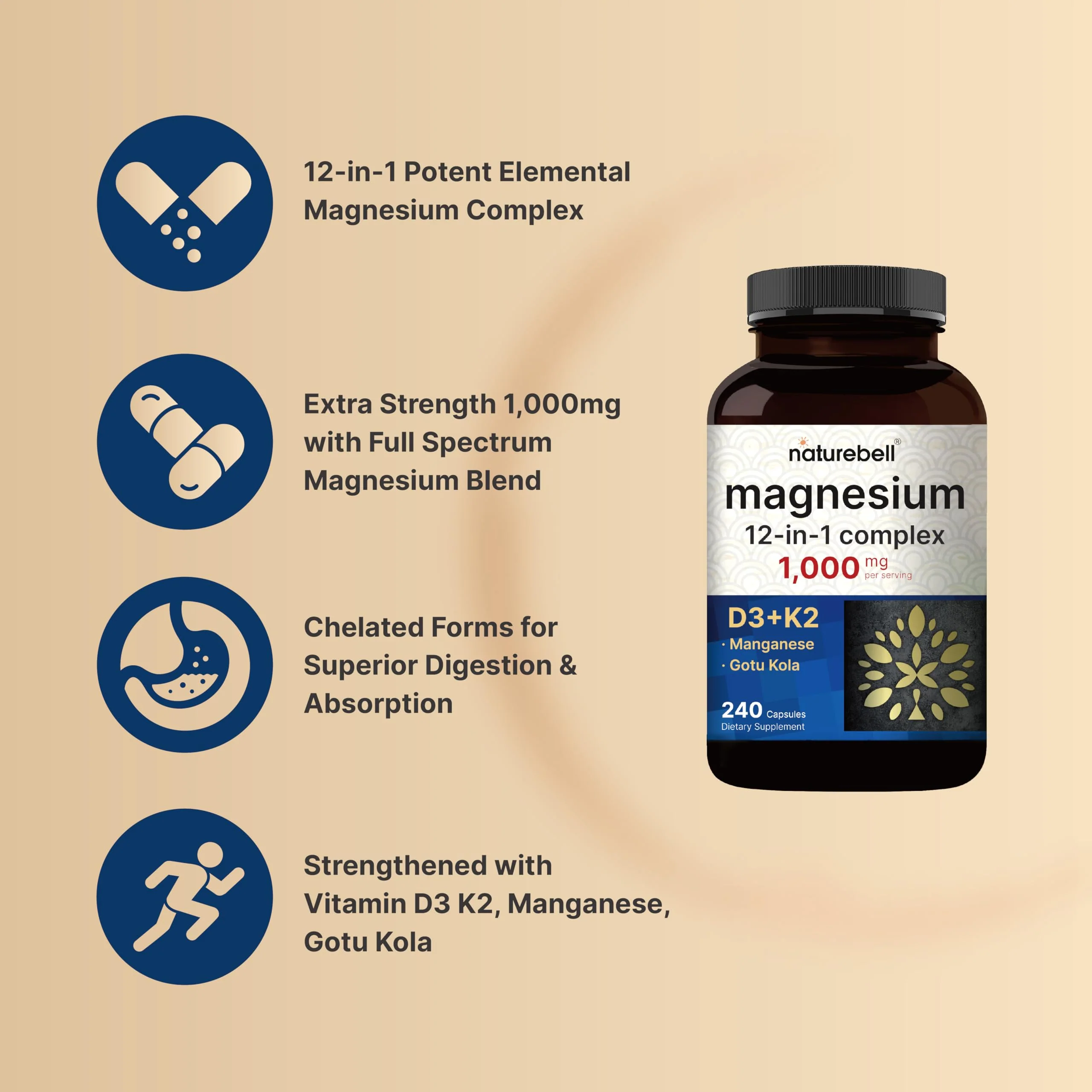 NatureBell 12-in-1 Magnesium Complex 1000mg, 4-Months Supply – Magnesium Glycinate, Citrate, Taurate, Malate, & More – High Absorption Formula for Men & Women – Chelated & Purified – 240 Capsules - Image 7