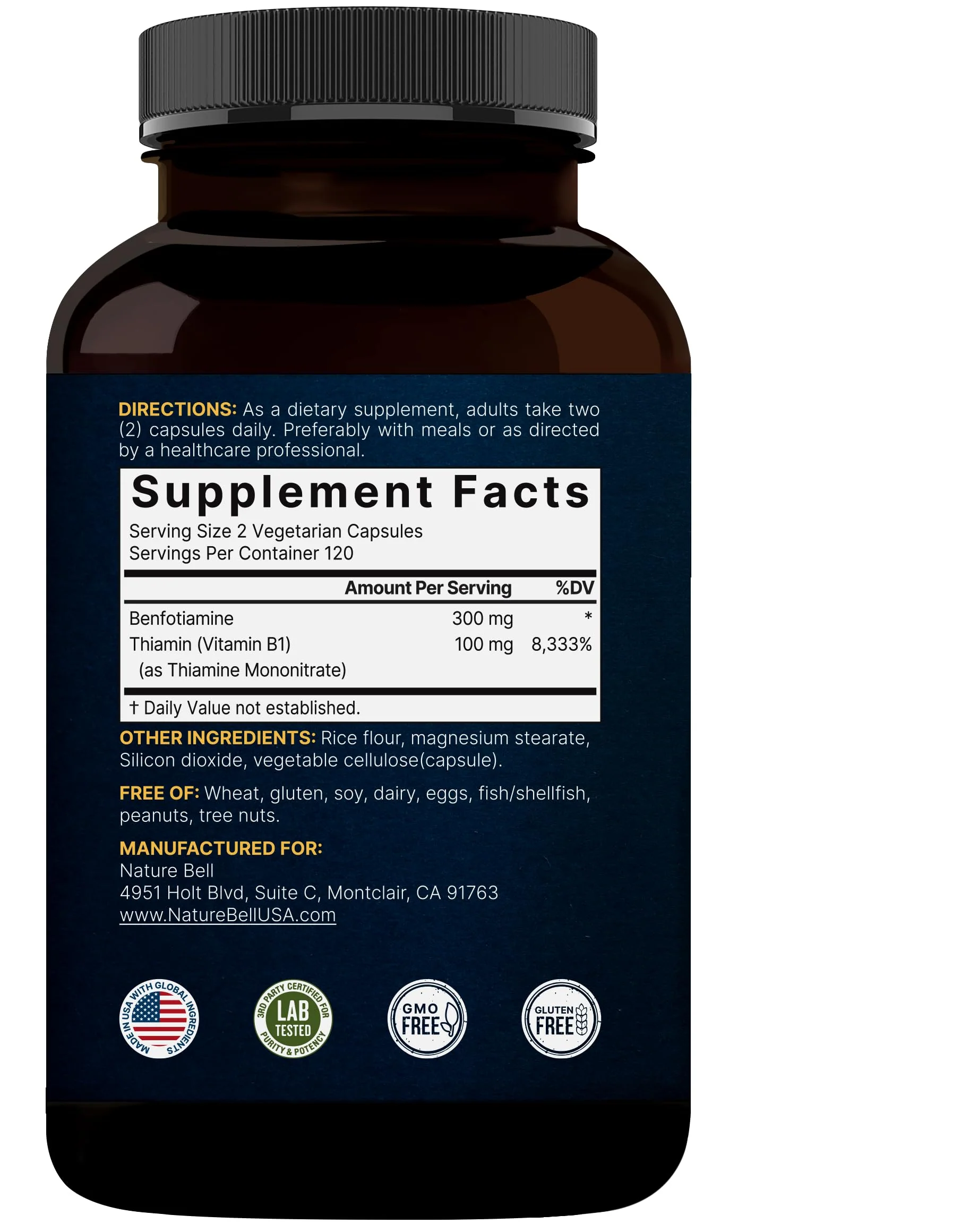 NatureBell Benfotiamine with Thiamine - 240 Vegetarian Capsules - 300mg Benfotiamine & 100mg Thiamine - for Heart Health, Energy Production & Nervous System Support* - Vitamin B1 Complex - Image 3