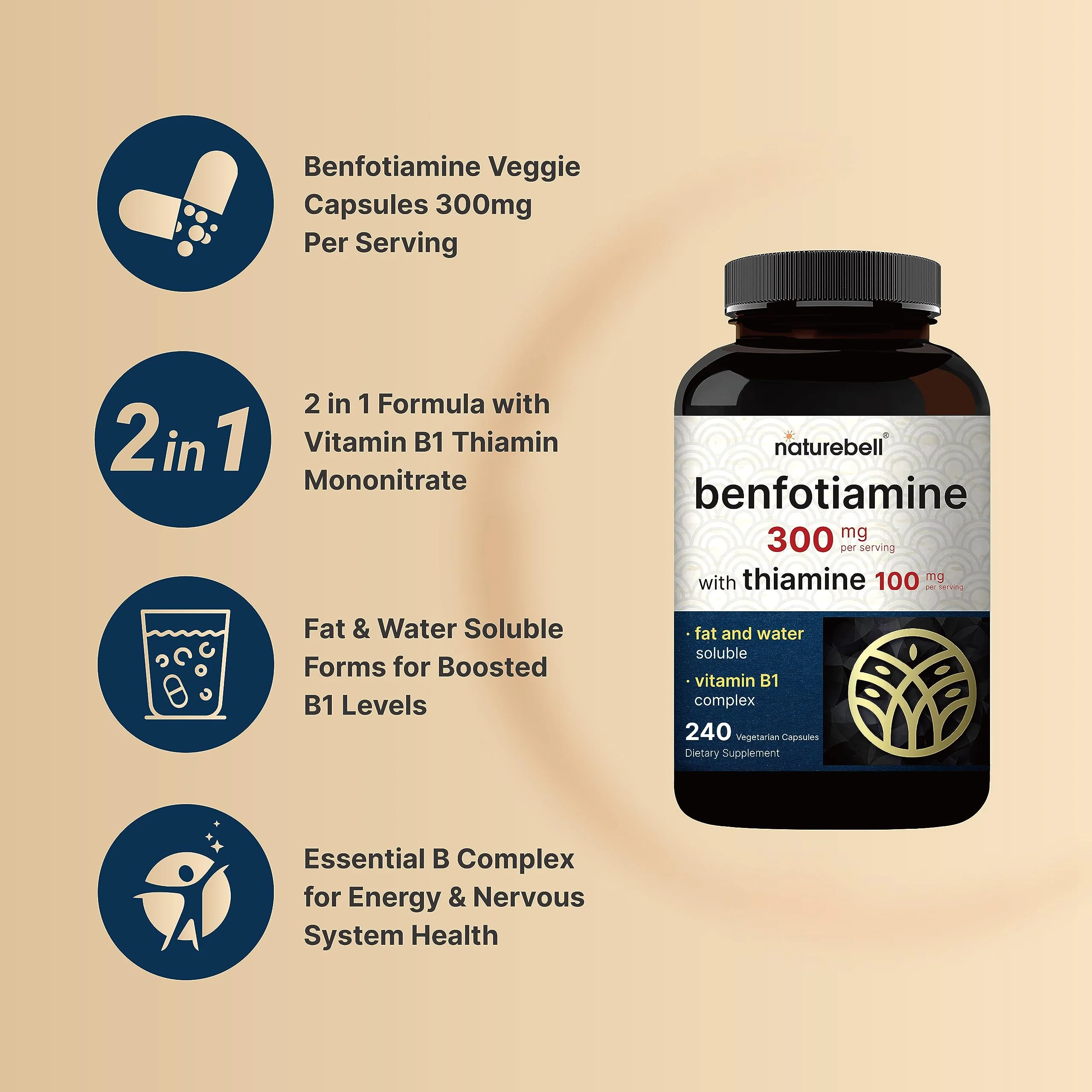 NatureBell Benfotiamine with Thiamine - 240 Vegetarian Capsules - 300mg Benfotiamine & 100mg Thiamine - for Heart Health, Energy Production & Nervous System Support* - Vitamin B1 Complex - Image 7