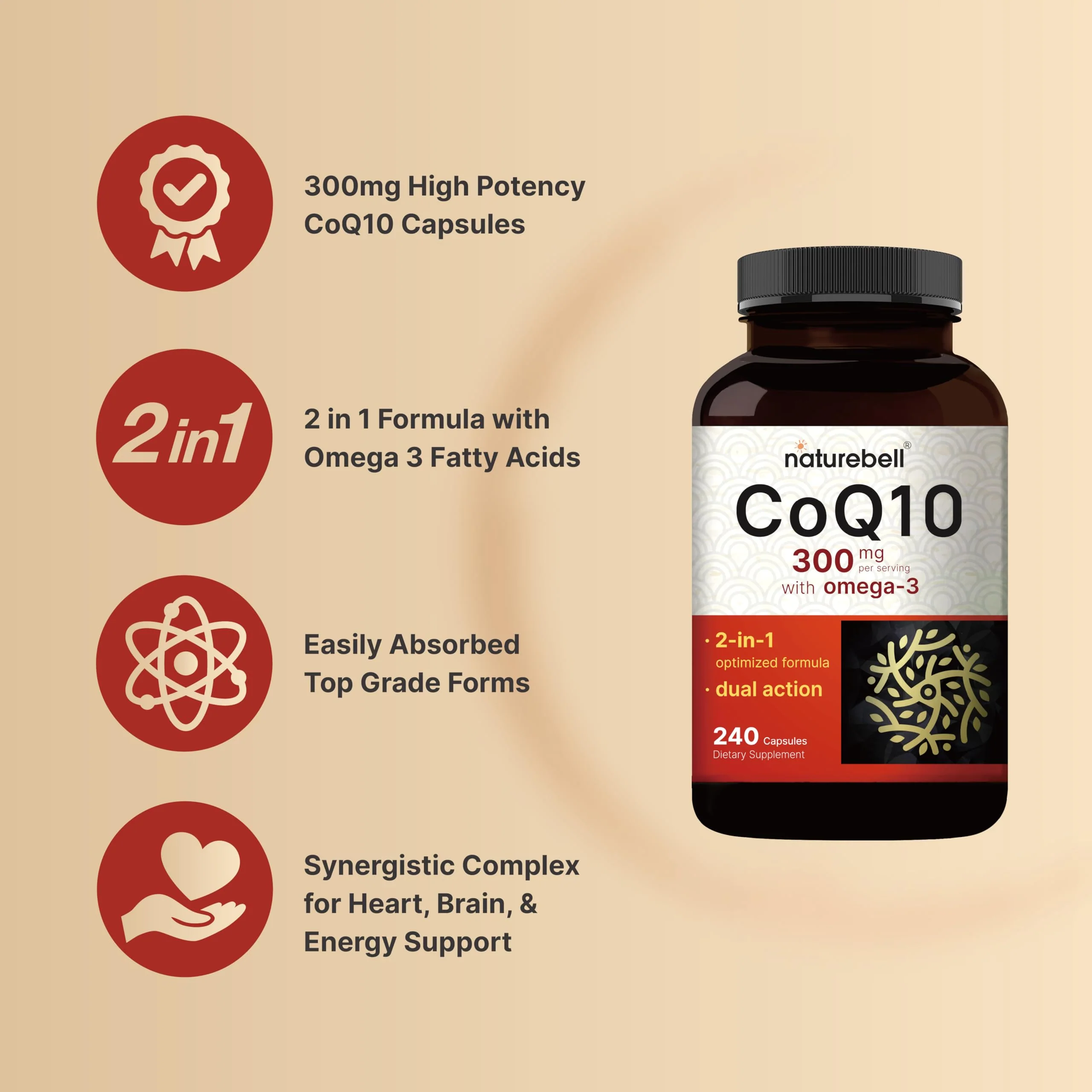 NatureBell CoQ10 300mg - 240 Capsules - High-Potency Support for Healthy Heart - Daily Energy & Vitality Aid with Antioxidant Support - Easily Absorbed Ubiquinone & Omega-3* - Image 7