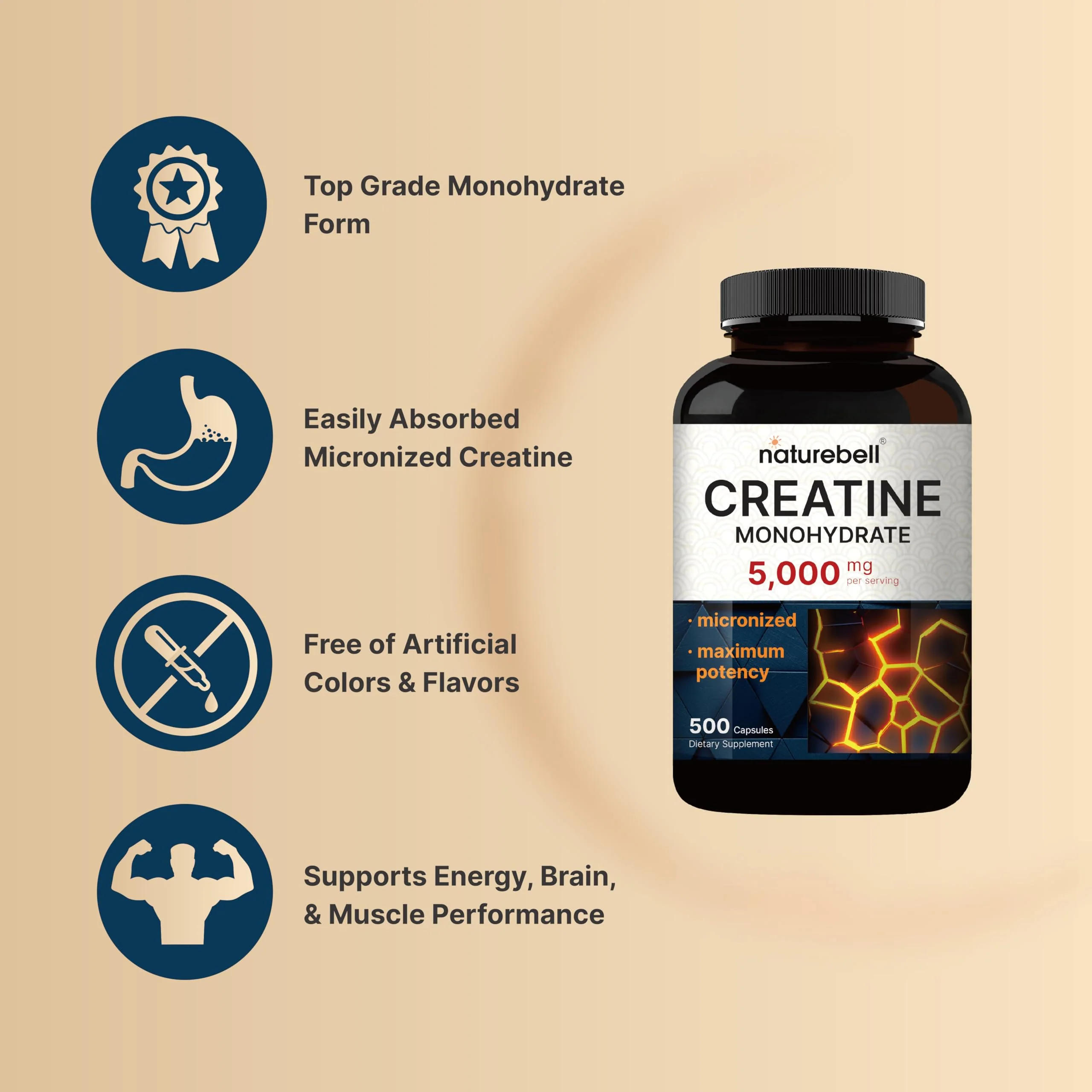 NatureBell Creatine Monohydrate Capsules 5,000mg Per Serving, 500 Count | Micronized, Unflavored Creatine Pills | Pre-Workout & Muscle Strength Support | Easy to Swallow, Filler-Free | 71 Servings - Image 7