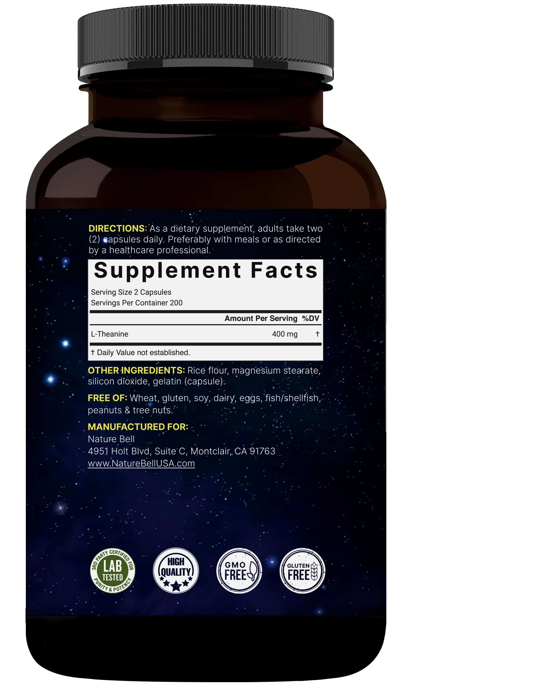 NatureBell L-Theanine Supplement - 400 Capsules - 400mg Max Potency Amino Acid Support - for Relaxation, Calm, and Focus - Non-Drowsy Free-Form Formula* - Image 3