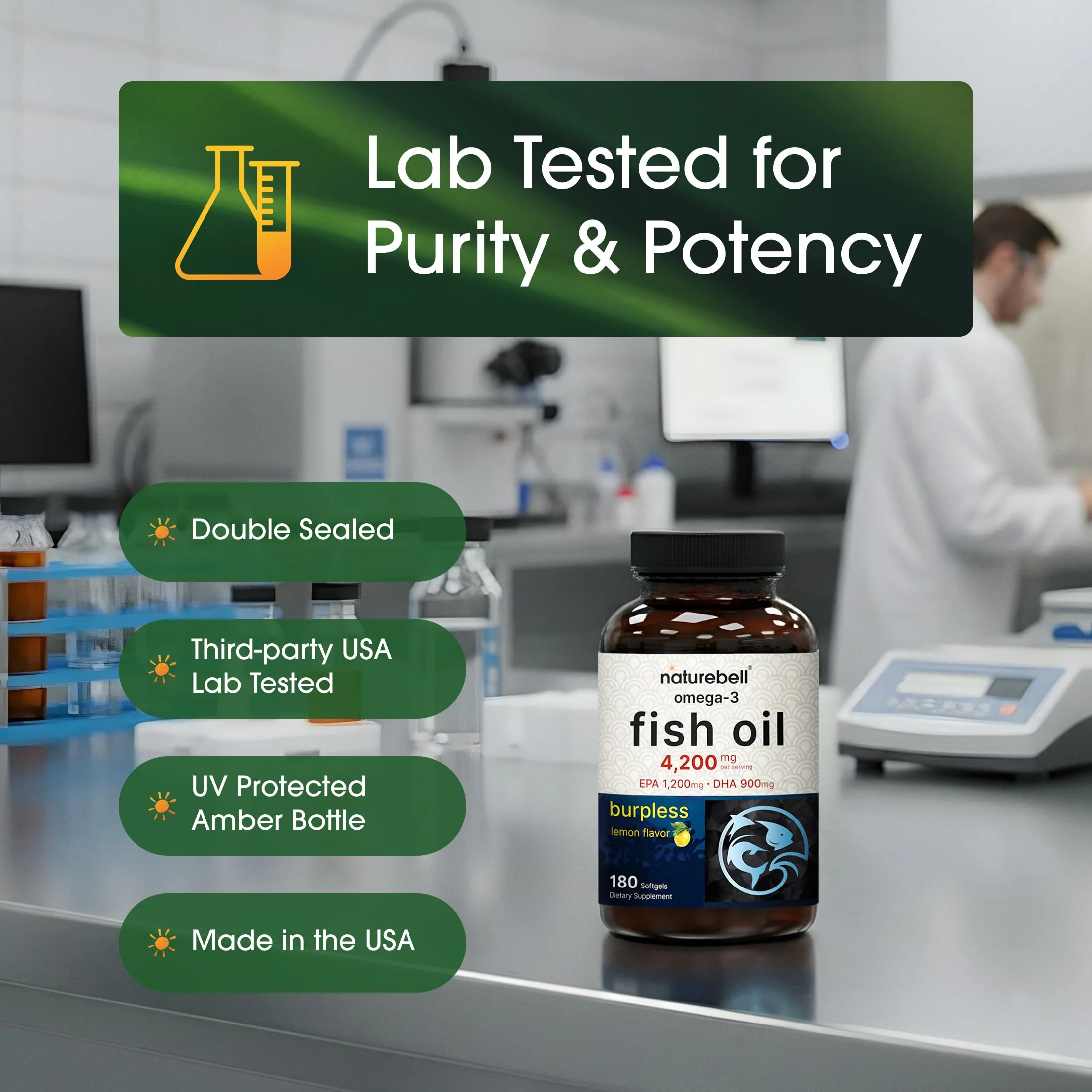 NatureBell Omega-3 Fish Oil - 180 Softgels - Support for Joint, Brain & Heart Health* - with EPA & DHA - No Burps or Fishy Aftertaste - Non-GMO & Mercury-Free Formula - Lemon Flavor - Image 5