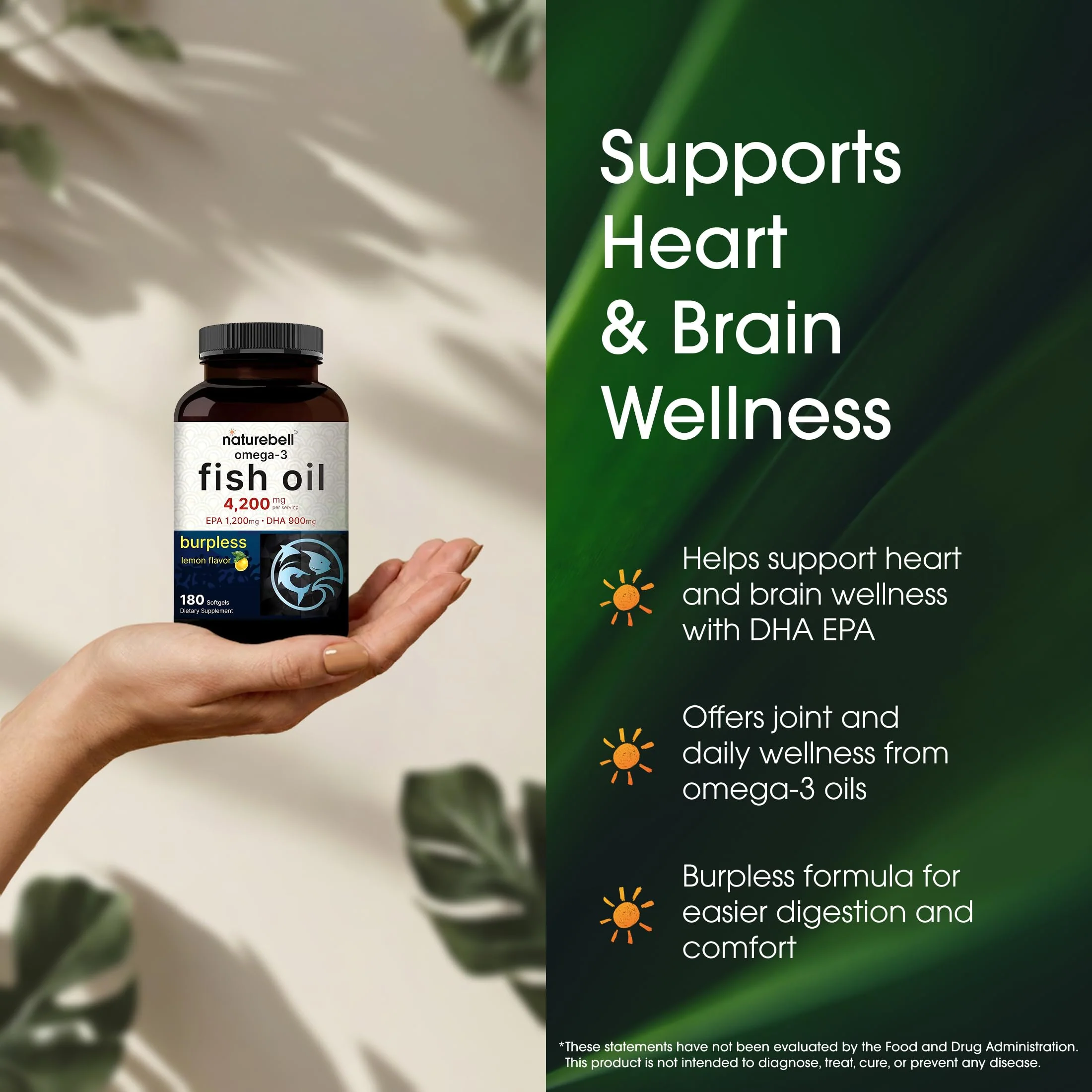 NatureBell Omega-3 Fish Oil - 180 Softgels - Support for Joint, Brain & Heart Health* - with EPA & DHA - No Burps or Fishy Aftertaste - Non-GMO & Mercury-Free Formula - Lemon Flavor - Image 6