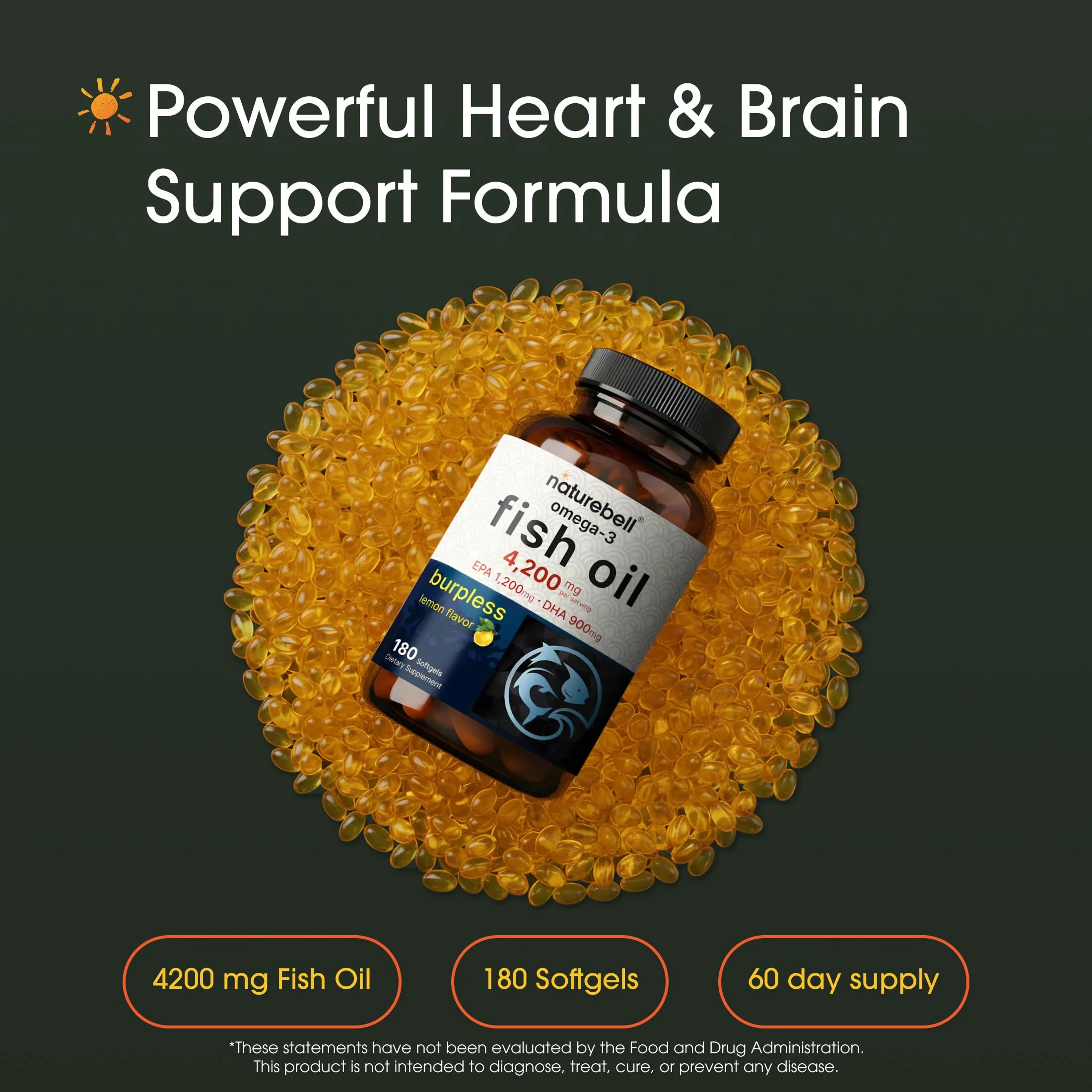 NatureBell Omega-3 Fish Oil - 180 Softgels - Support for Joint, Brain & Heart Health* - with EPA & DHA - No Burps or Fishy Aftertaste - Non-GMO & Mercury-Free Formula - Lemon Flavor - Image 8
