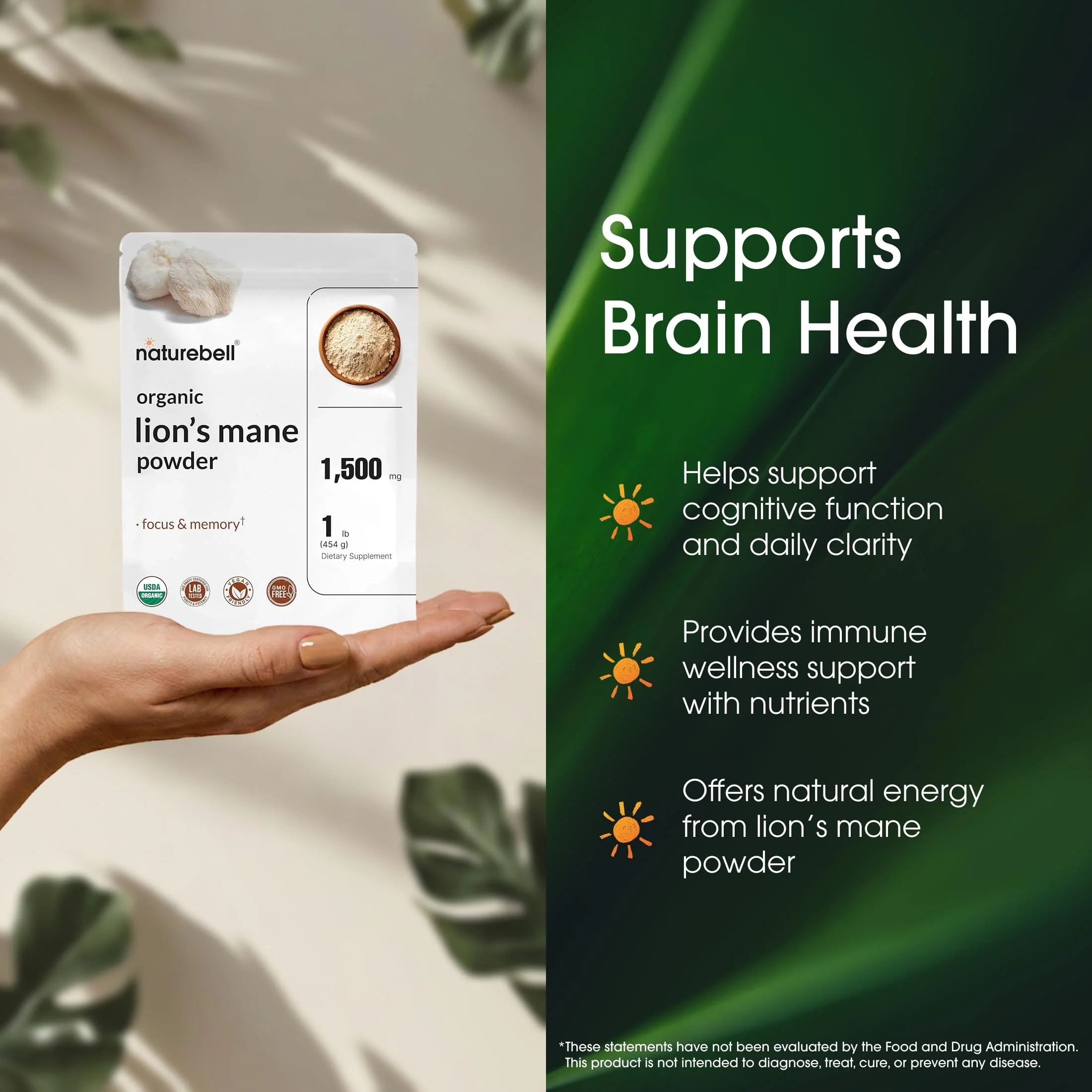 NatureBell Organic Lion’s Mane Powder 1,500mg - 1 lb - Brain, Focus & Memory Support* - Whole Fruiting Body & Mycelium - Non-GMO & Gluten-Free - Image 6