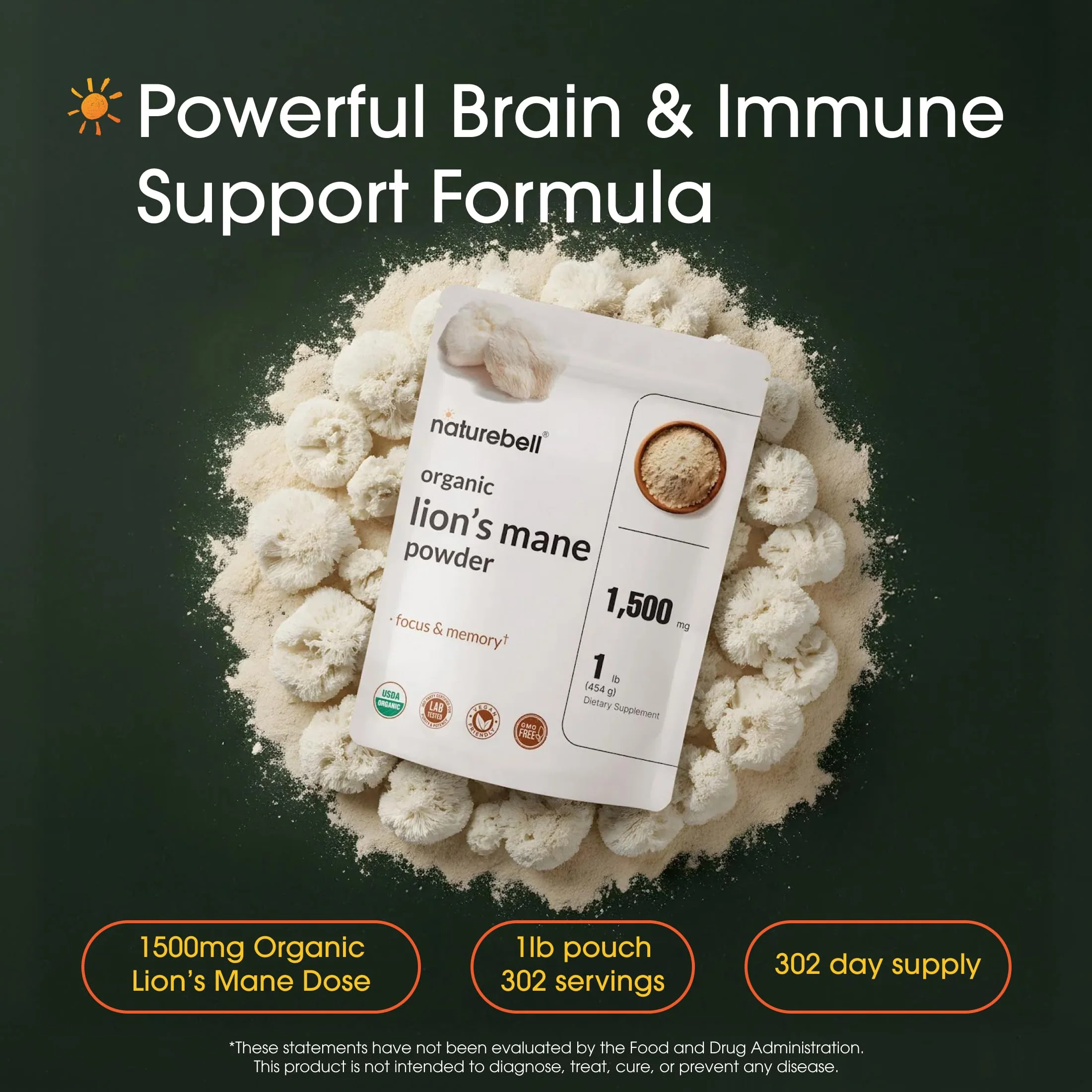 NatureBell Organic Lion’s Mane Powder 1,500mg - 1 lb - Brain, Focus & Memory Support* - Whole Fruiting Body & Mycelium - Non-GMO & Gluten-Free - Image 8