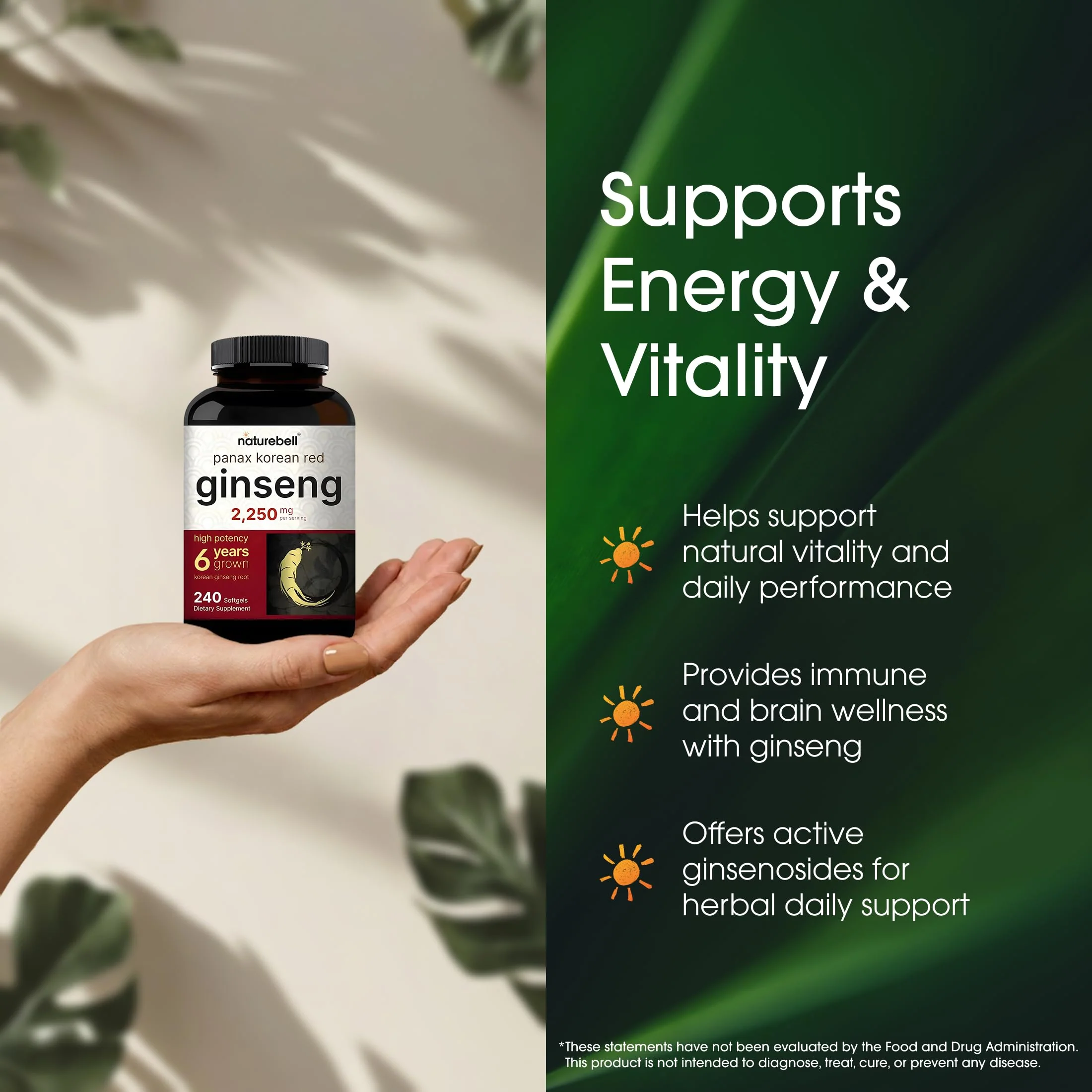NatureBell Panax Korean Red Ginseng - 240 Softgels - 2,250mg High Strength Herbal Vitality Support* - Standardized 10% Ginsenosides from Six-Year-Old Ginseng Root - Energy & Immune Support* - Image 6