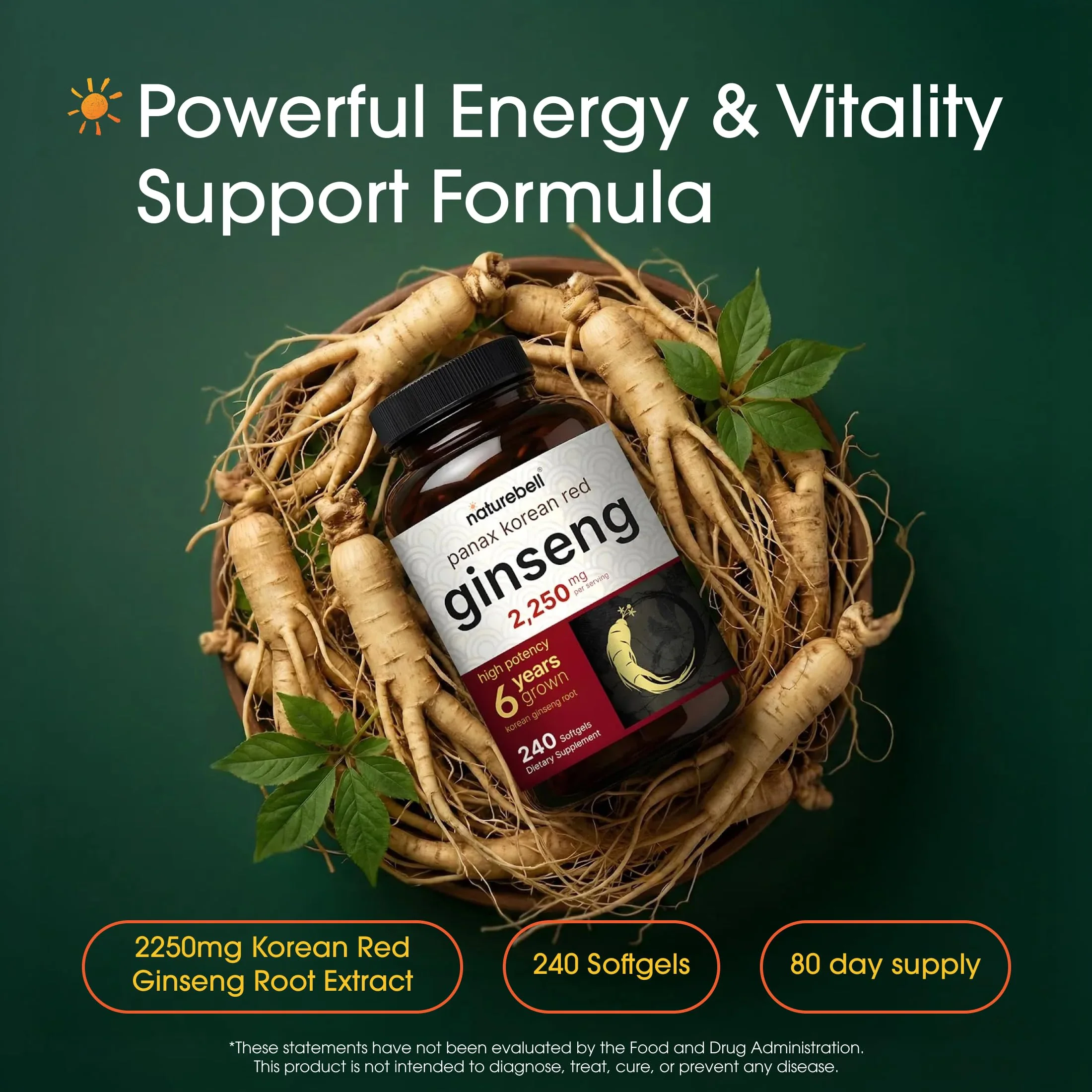 NatureBell Panax Korean Red Ginseng - 240 Softgels - 2,250mg High Strength Herbal Vitality Support* - Standardized 10% Ginsenosides from Six-Year-Old Ginseng Root - Energy & Immune Support* - Image 8