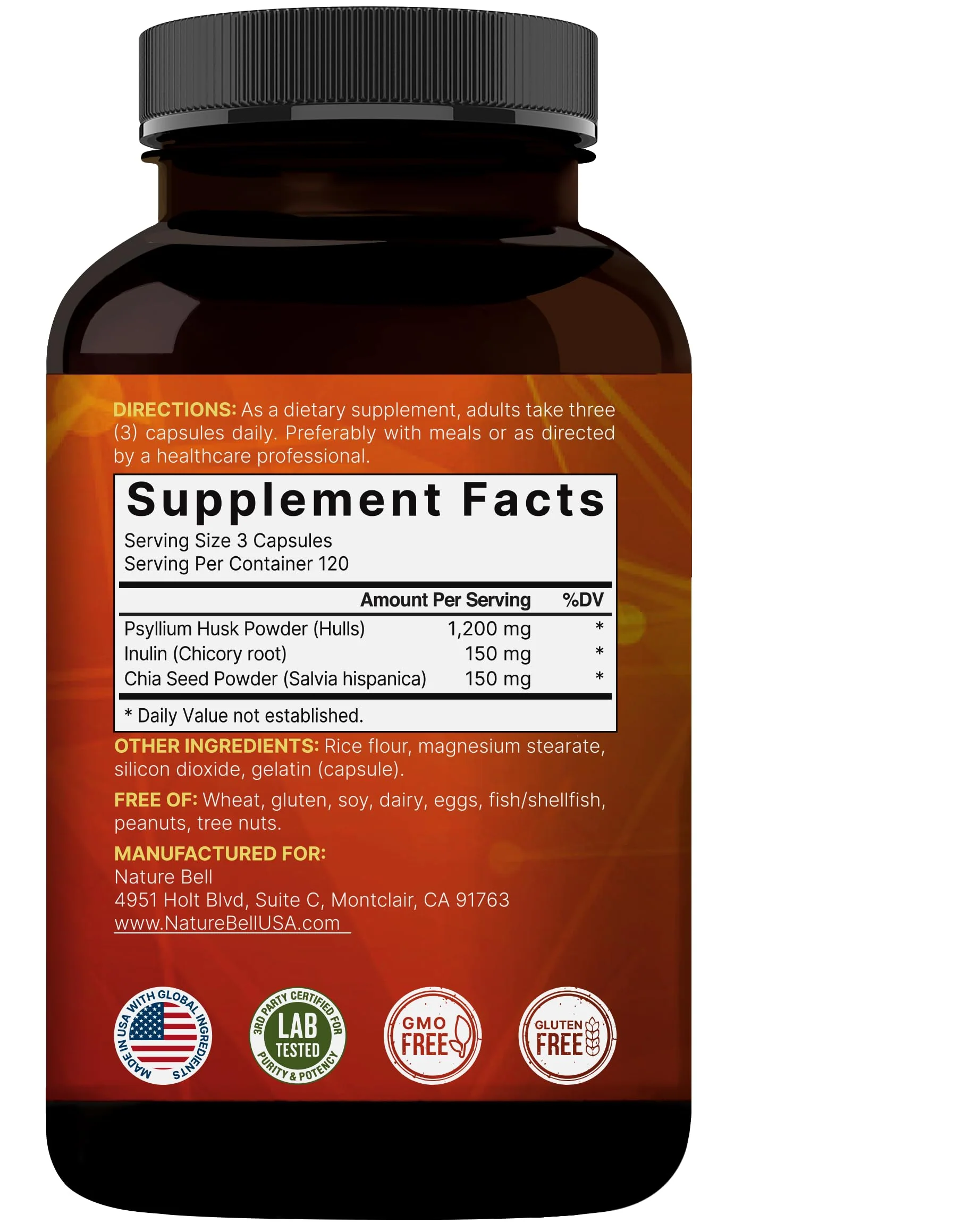 NatureBell Psyllium Husk Fiber Supplement, 1,500mg Per Serving, 360 Capsules | with Inulin & Chia Seed | Organic Soluble Fiber for Digestive & Gut Health | Plant-Based, Non-GMO, Gluten-Free - Image 3