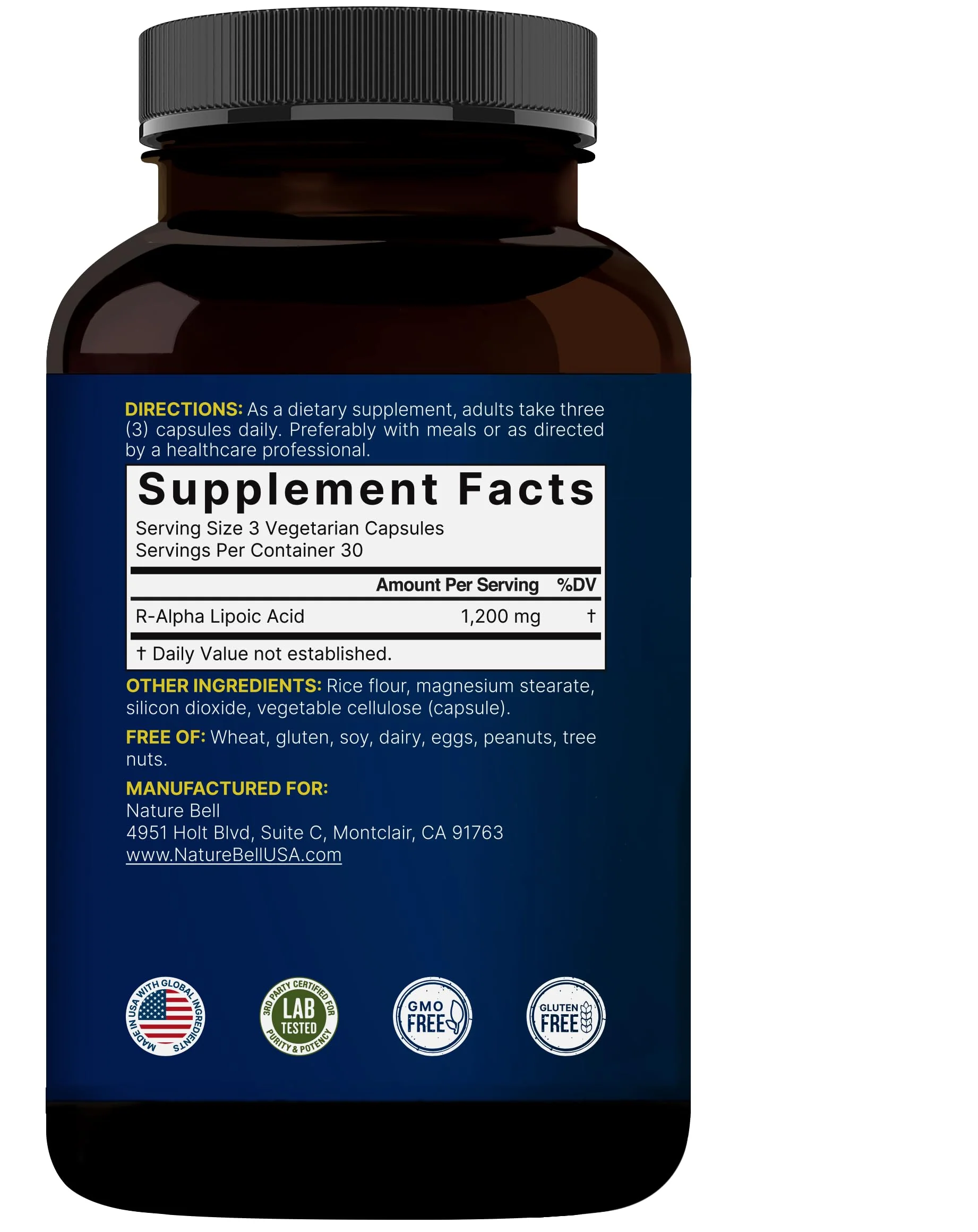 NatureBell R-Alpha Lipoic Acid - 90 Capsules - Delivers 1,200mg R-ALA Per Serving - Antioxidant & Cellular Energy Support* - Stabilized R-Isomer ALA - Non-GMO & Gluten-Free - Image 3