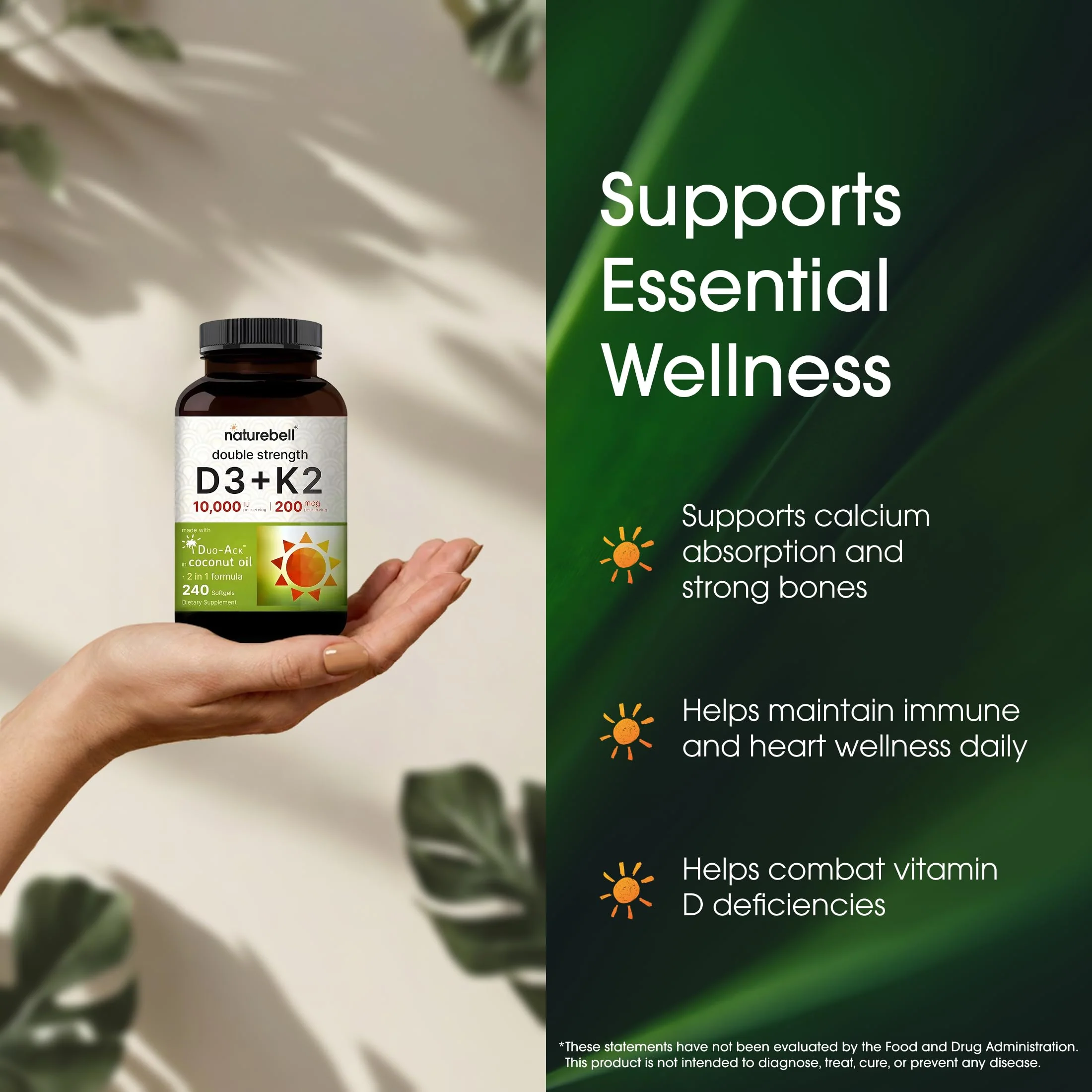 NatureBell Vitamin Double Strength D3 + K2-240 Softgels - 10,000 IU Vitamin D & 200mcg K2 - Bone Strength, Immune Function & Calcium Absorption Support* - Coconut Oil Infused - Image 6