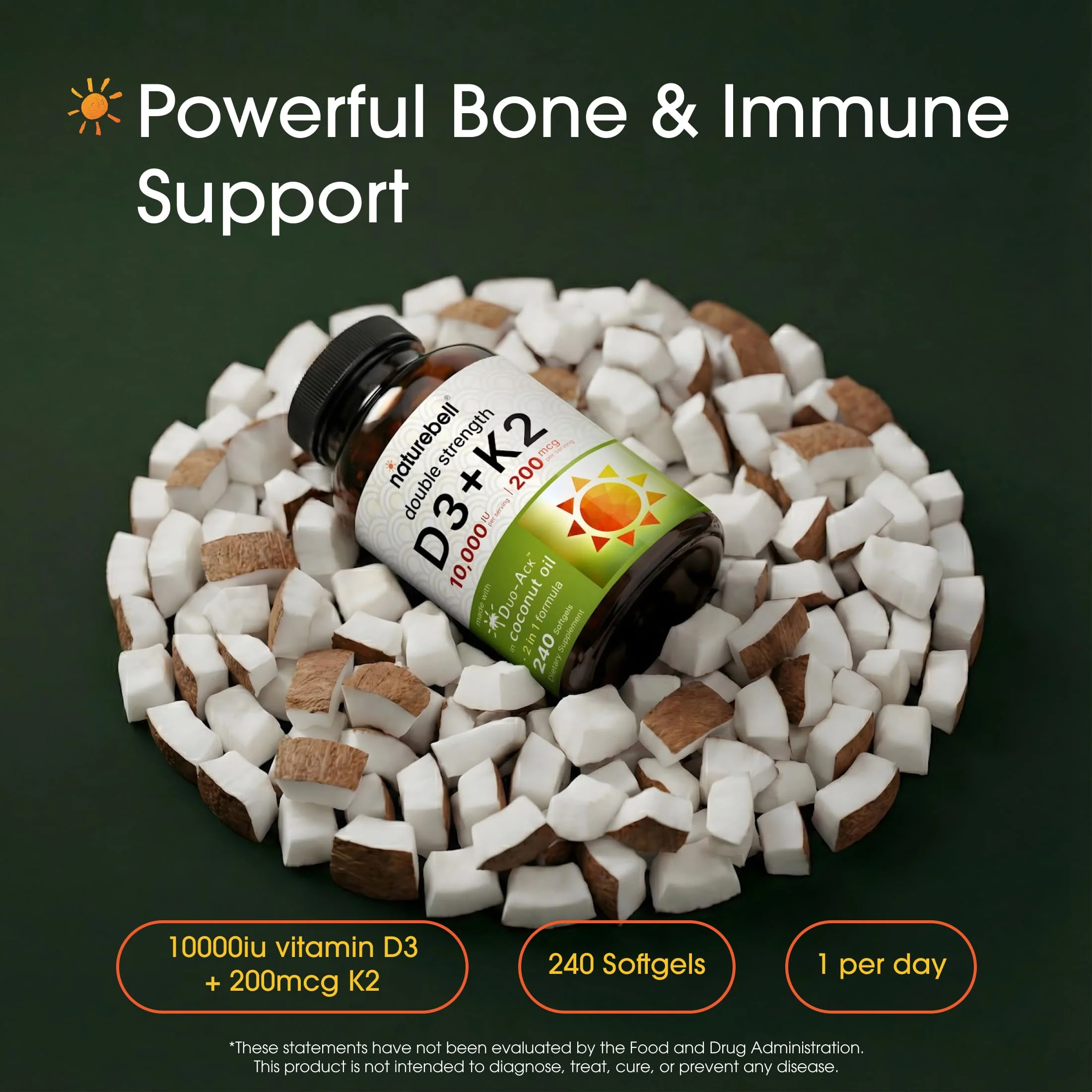 NatureBell Vitamin Double Strength D3 + K2-240 Softgels - 10,000 IU Vitamin D & 200mcg K2 - Bone Strength, Immune Function & Calcium Absorption Support* - Coconut Oil Infused - Image 8
