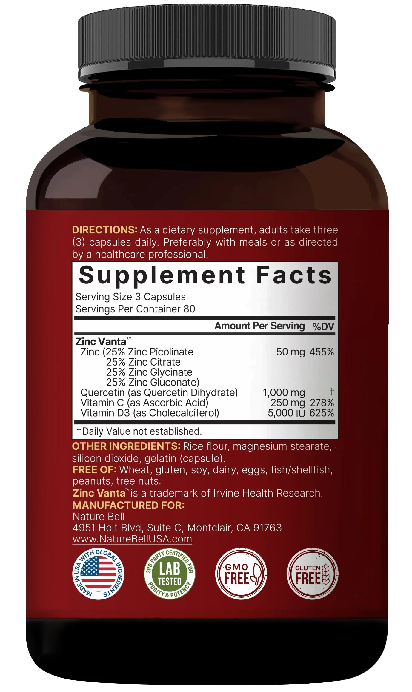 NatureBell Zinc Quercetin with Vitamin C & D3, 480 Capsules (2 Pack) | Quercetin 1,000mg + Zinc 50mg + Vitamin C 250mg + Vitamin D3 5,000 IU | 4-in-1 Advanced Immune & Lung Support | ZincVanta Formula - Image 3