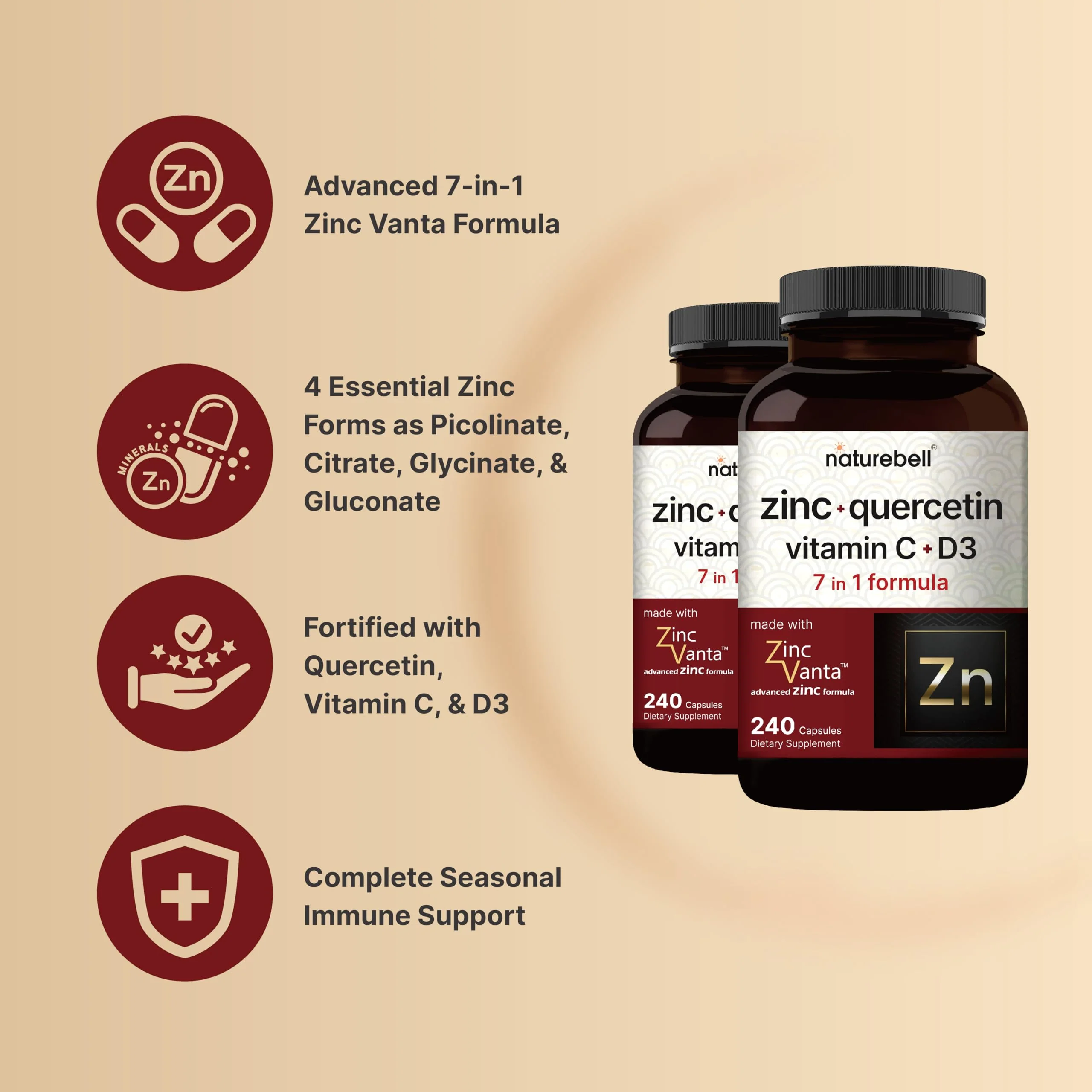 NatureBell Zinc Quercetin with Vitamin C & D3, 480 Capsules (2 Pack) | Quercetin 1,000mg + Zinc 50mg + Vitamin C 250mg + Vitamin D3 5,000 IU | 4-in-1 Advanced Immune & Lung Support | ZincVanta Formula - Image 7