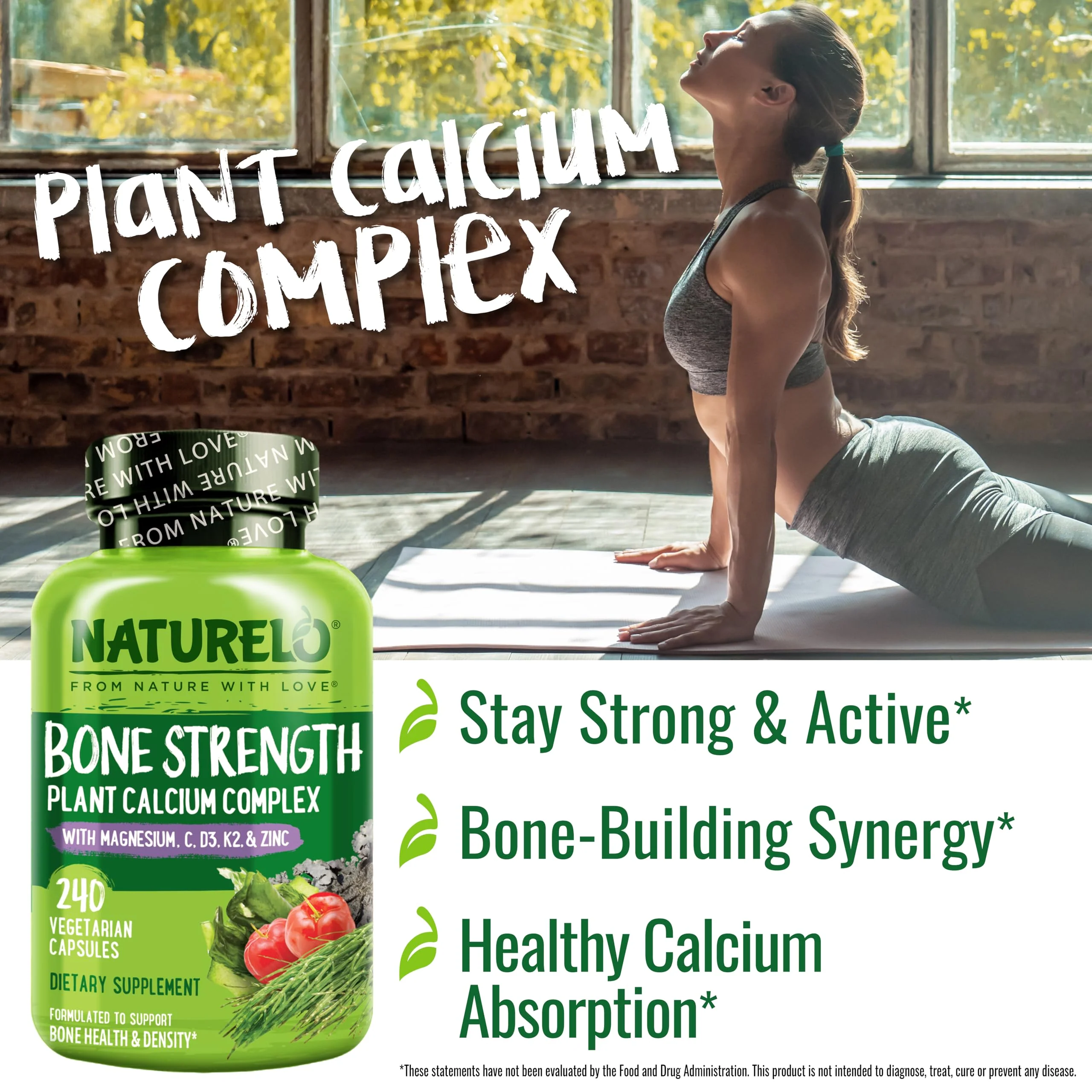 NATURELO Calcium Supplement - with Vitamin C, Vitamin D3, K2, and Calcium Magnesium Zinc for Bone Strength with Calcium 600mg - Plant-Based, 240 Vegetarian Capsules, Non-GMO, Soy & Gluten-Free - Image 2