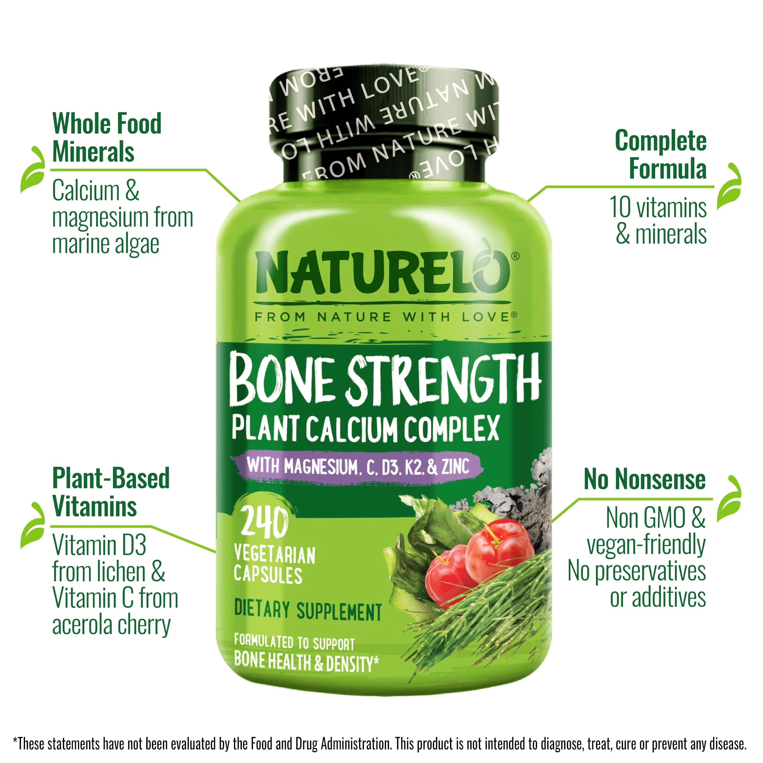 NATURELO Calcium Supplement - with Vitamin C, Vitamin D3, K2, and Calcium Magnesium Zinc for Bone Strength with Calcium 600mg - Plant-Based, 240 Vegetarian Capsules, Non-GMO, Soy & Gluten-Free - Image 4