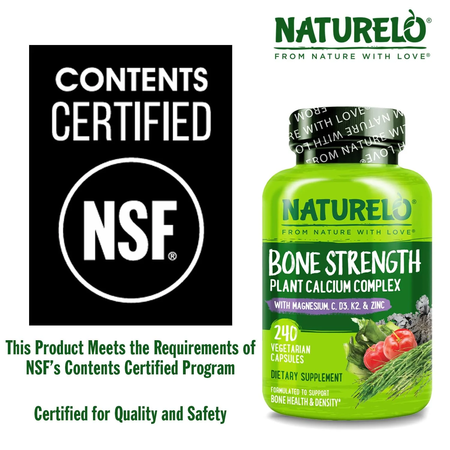 NATURELO Calcium Supplement - with Vitamin C, Vitamin D3, K2, and Calcium Magnesium Zinc for Bone Strength with Calcium 600mg - Plant-Based, 240 Vegetarian Capsules, Non-GMO, Soy & Gluten-Free - Image 5