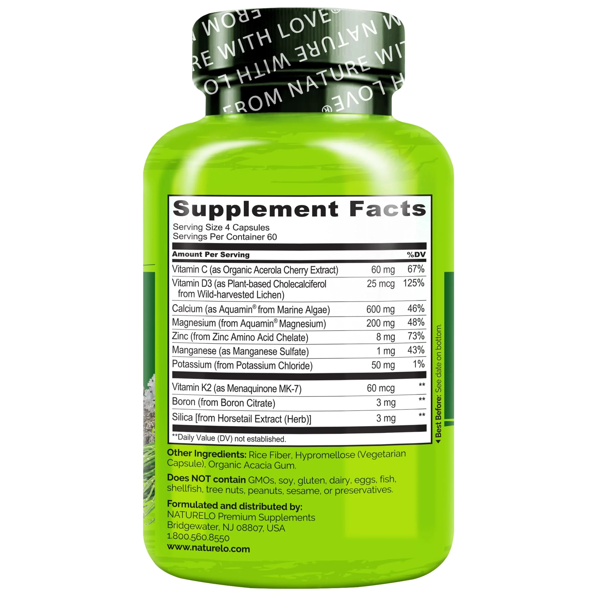 NATURELO Calcium Supplement - with Vitamin C, Vitamin D3, K2, and Calcium Magnesium Zinc for Bone Strength with Calcium 600mg - Plant-Based, 240 Vegetarian Capsules, Non-GMO, Soy & Gluten-Free - Image 7