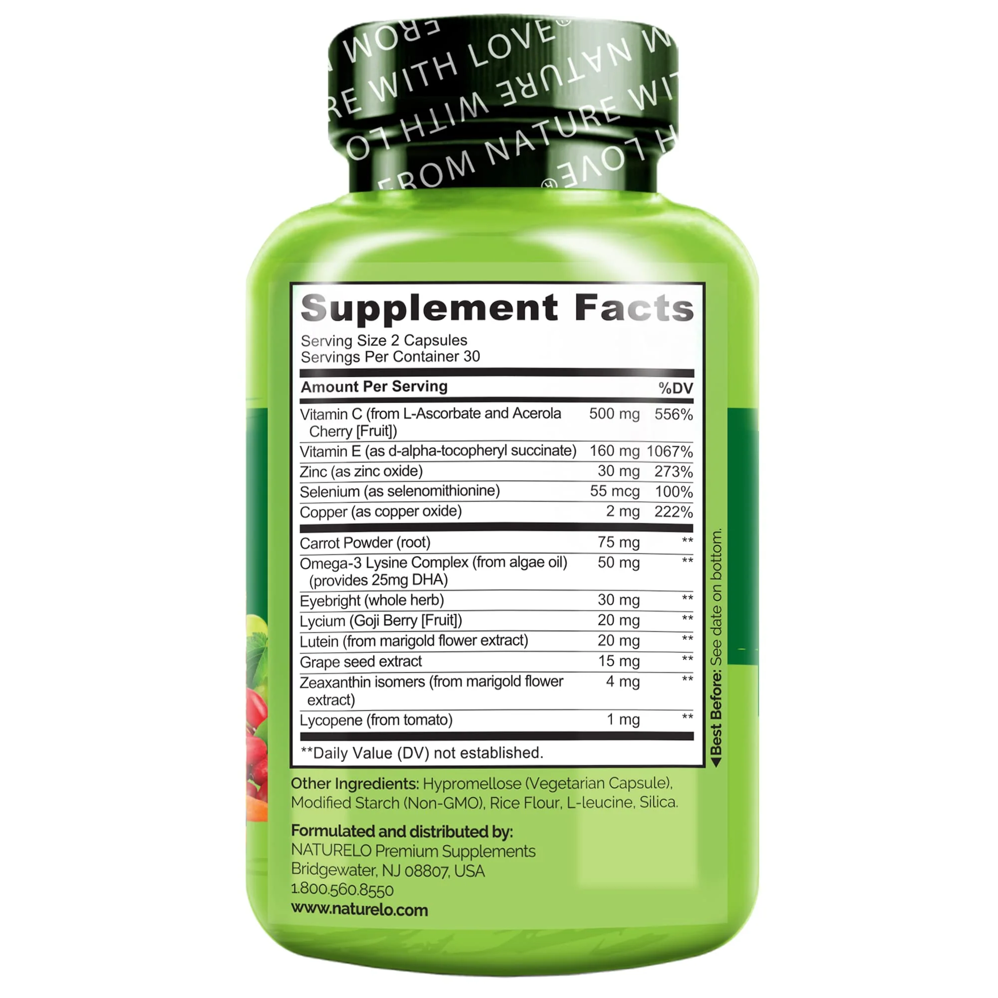 NATURELO Eye Vitamins - AREDS 2 Formula Nutrients with Lutein, Zeaxanthin, Vitamin C, E, Zinc, Plus DHA - Supplement for Dry Eyes, Healthy Vision, Eye Support - 60 Vegan Capsules - Image 3